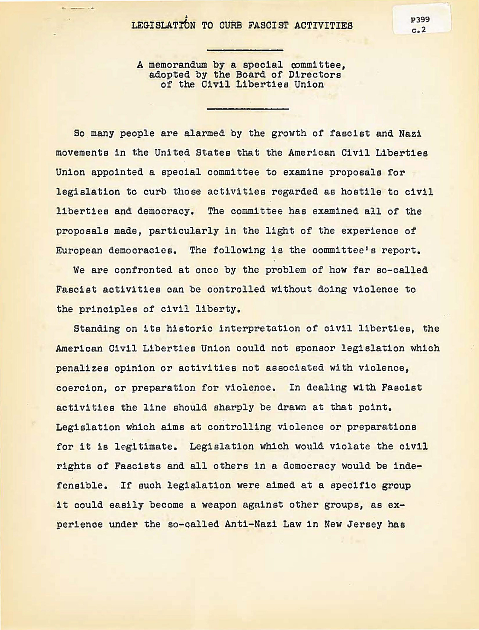 Scan of the original printed memo "Legislation to Curb Fascist Activities"