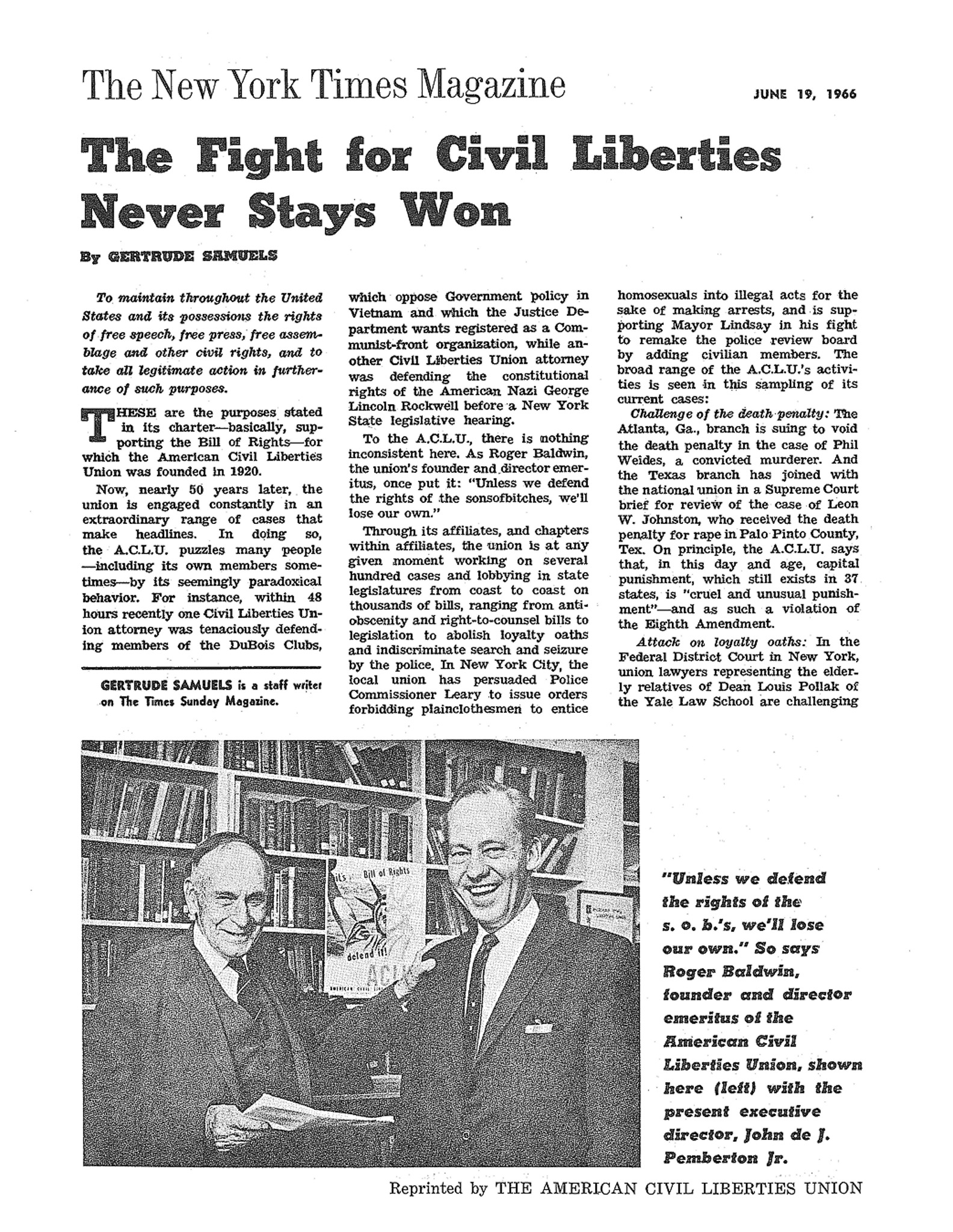 Scan of original article "The Fight for Civil Liberties Never Stays Won" in The New York Times Magazine