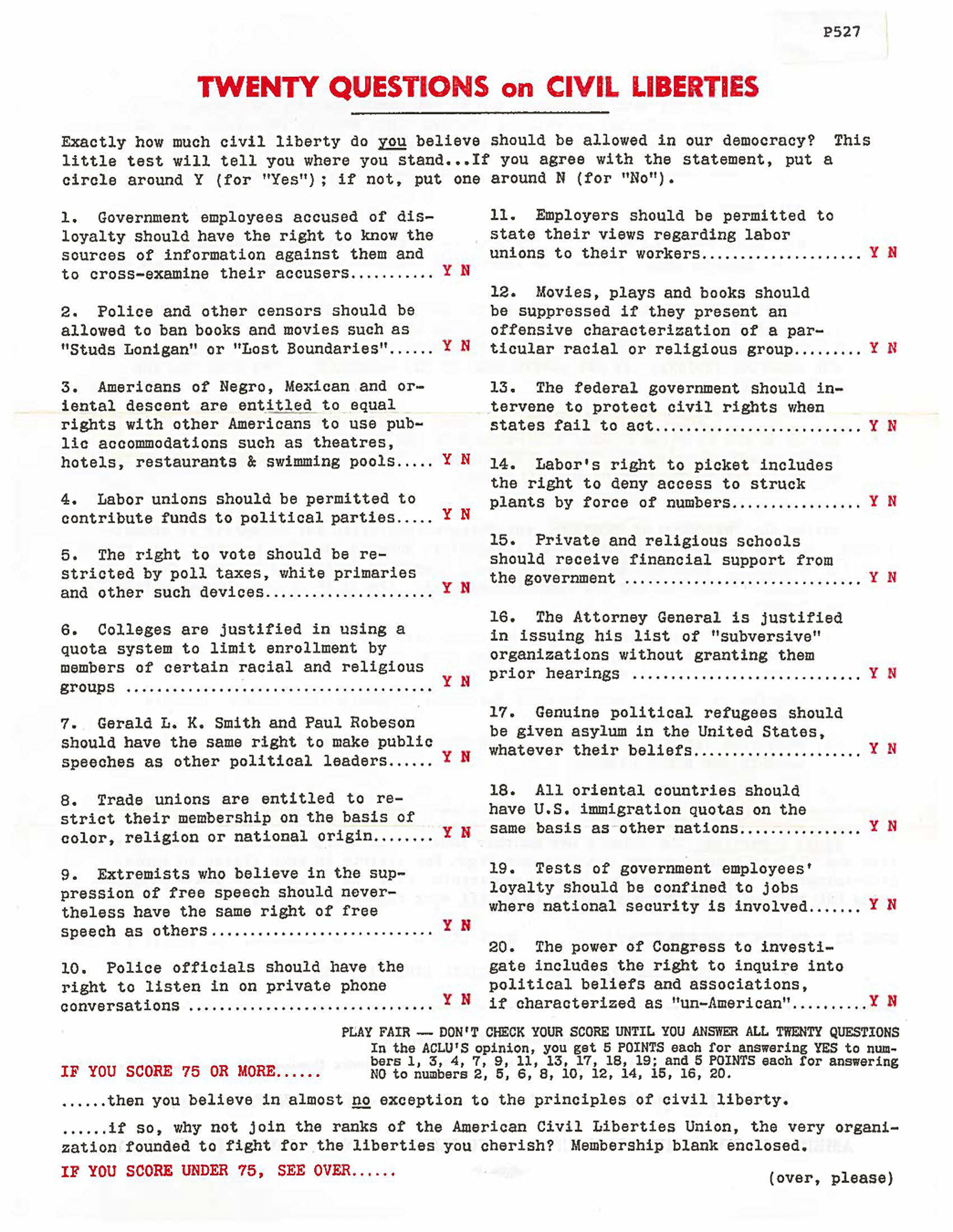 Scan of the original printed brochure: "20 Questions for Civil Liberties"