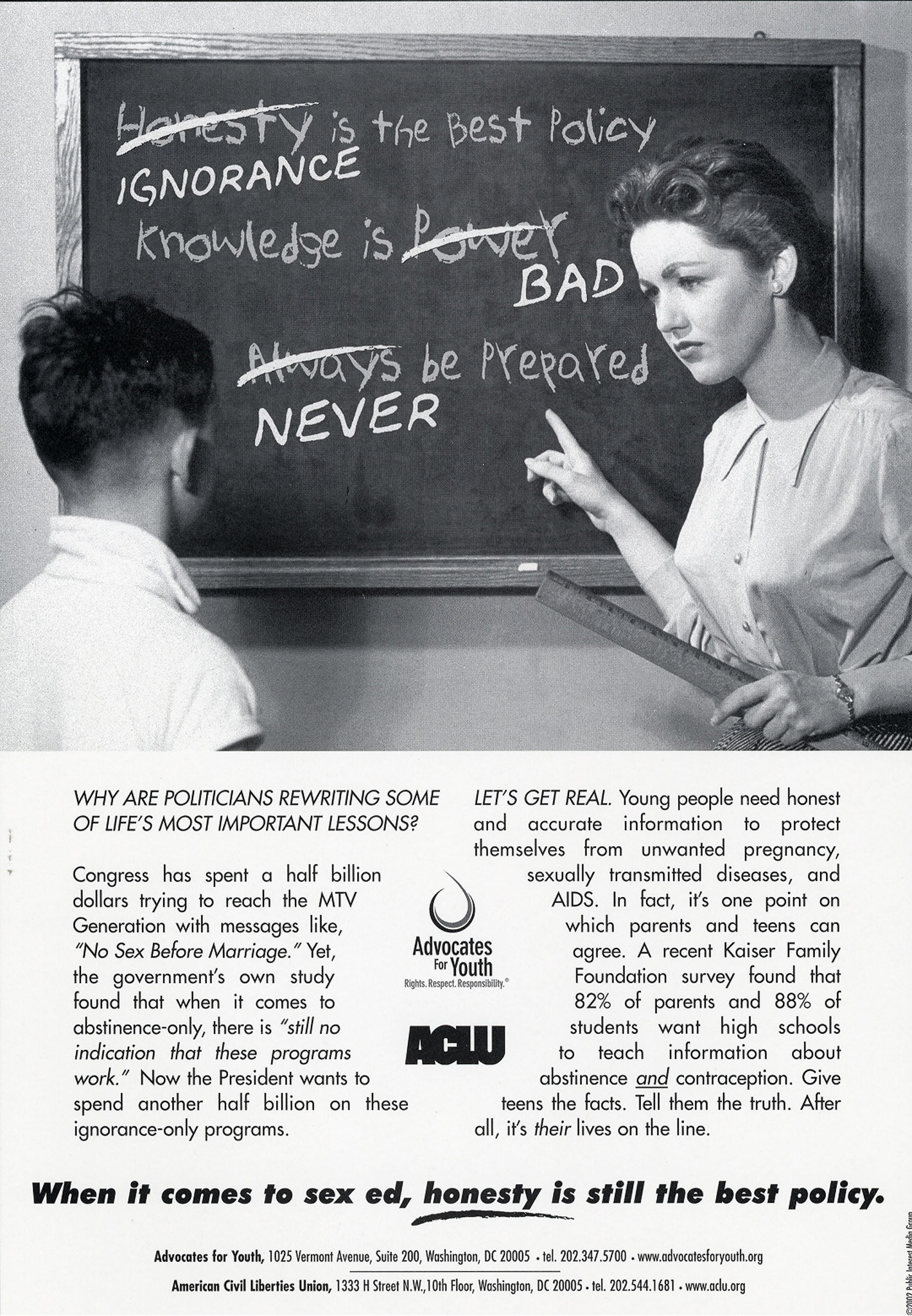 Vintage-style advertisement featuring a teacher pointing to a chalkboard that reads: "Ignorance is the best policy; Knowledge is bad; Never be prepared."