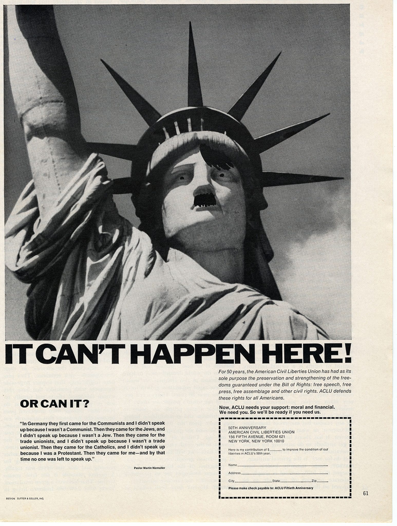 Scan of original magazine advertisement featuring a photo of the Statue of Liberty and the headline "It Can't Happen Here!"