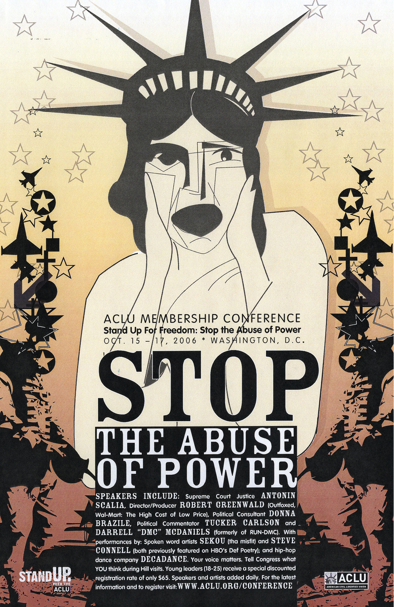 Colorful advertisement featuring an illustration of the Statue of Liberty and the text: Stop the Abuse of Power"