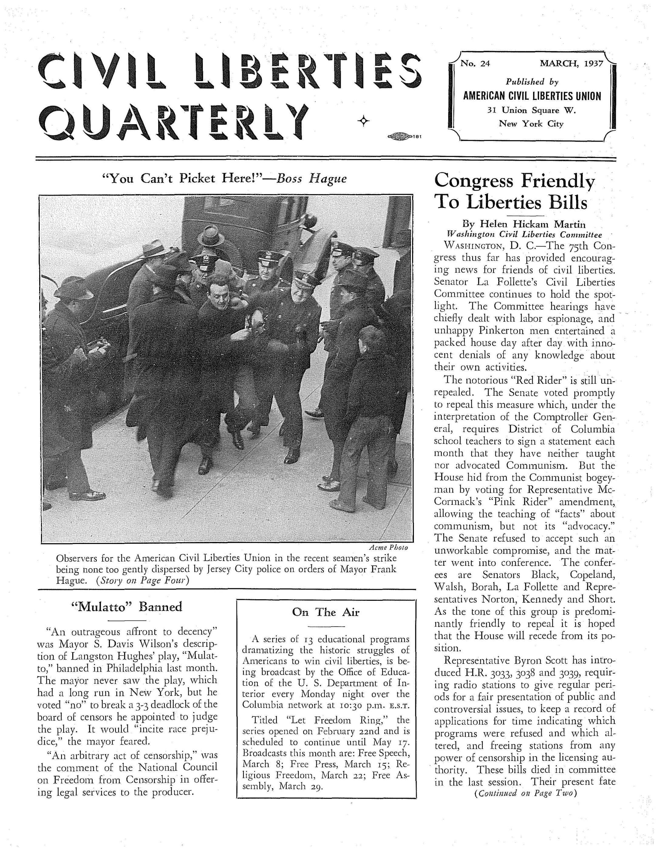 Scan of Civil Liberties Quarterly newsletter featuring Jersey City police dispersing a seasmen's strike