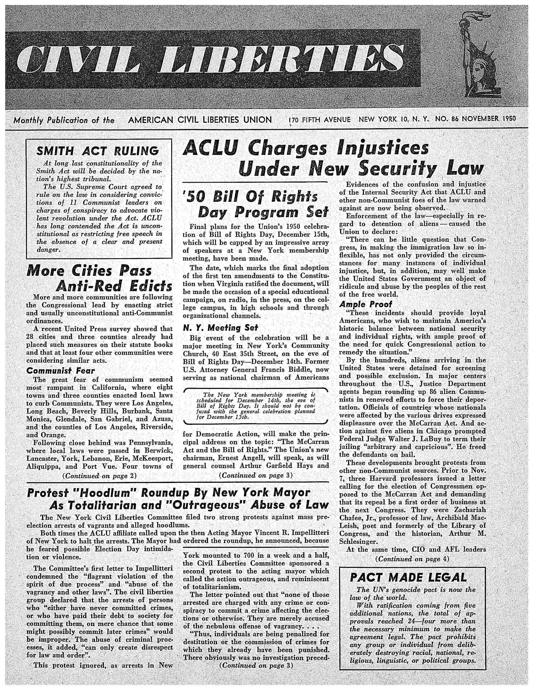 Scan of original Civil Liberties newsletter featuring headline "ACLU Charges Injustices Under New Security Law"