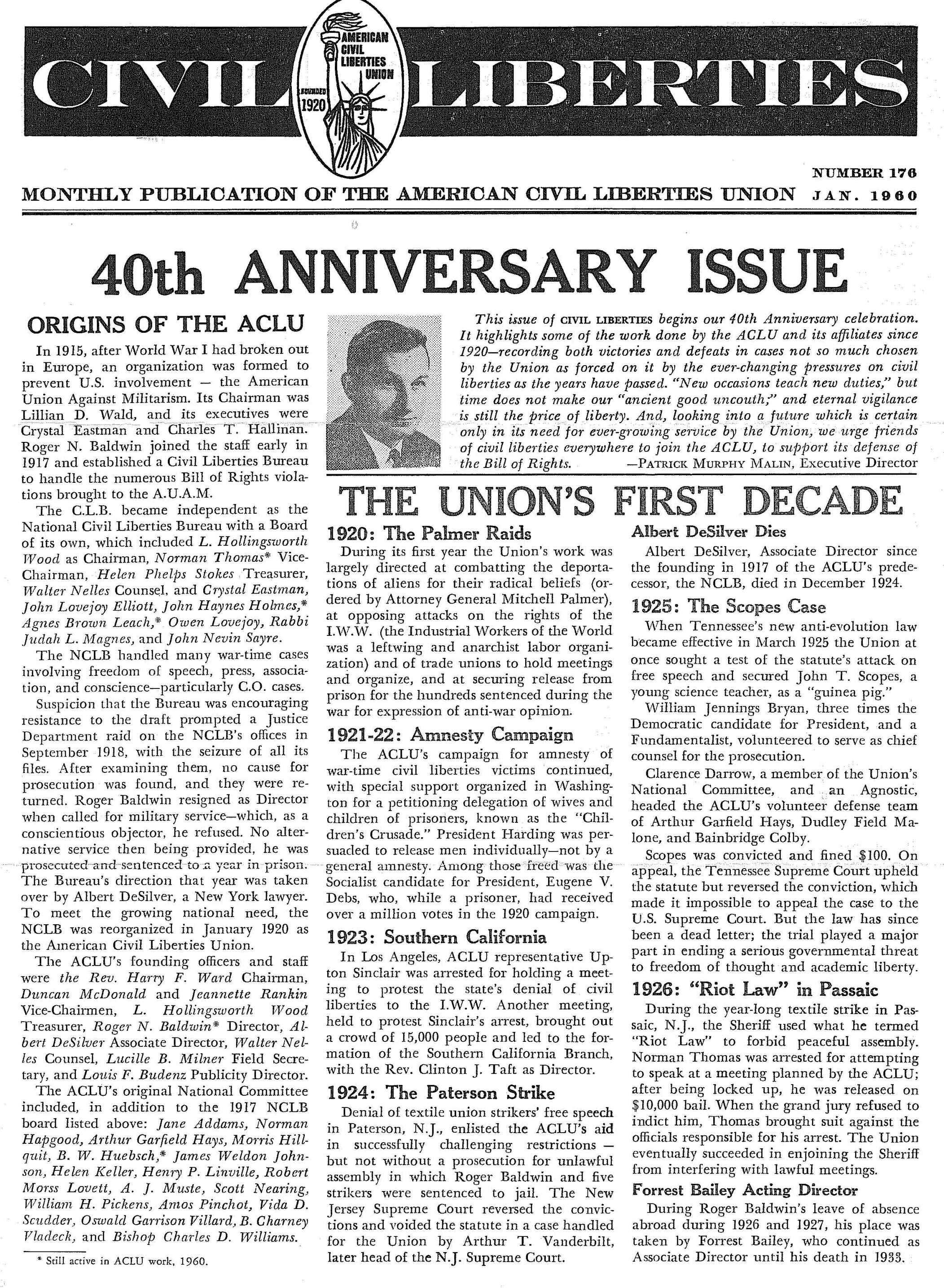 Scan of original Civil Liberties Newsletter's "40th Anniversary Issue"