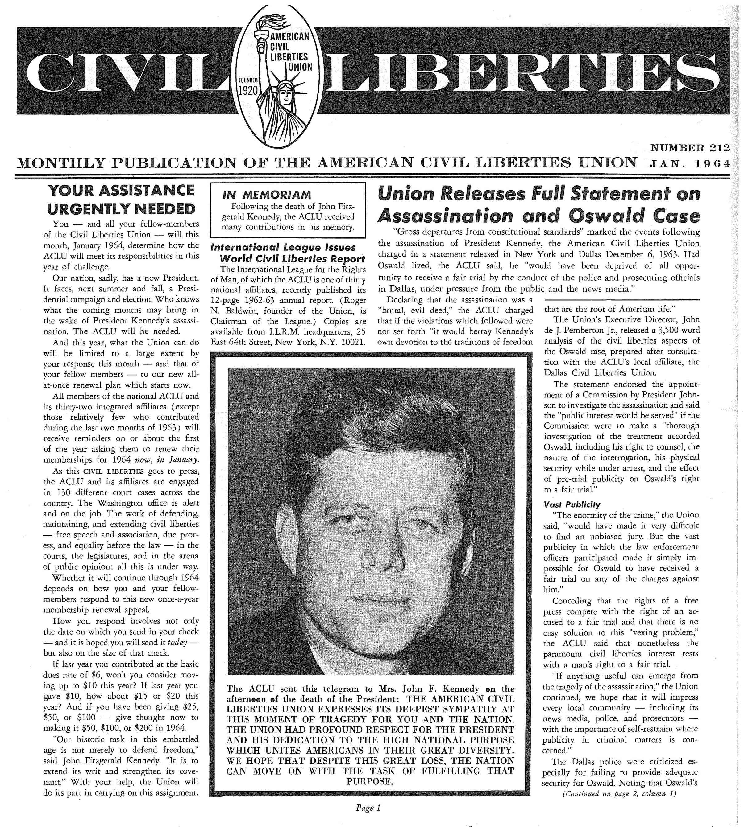 Scan of original Civil Liberties newsletter featuring a photo of John F. Kennedy Jr.