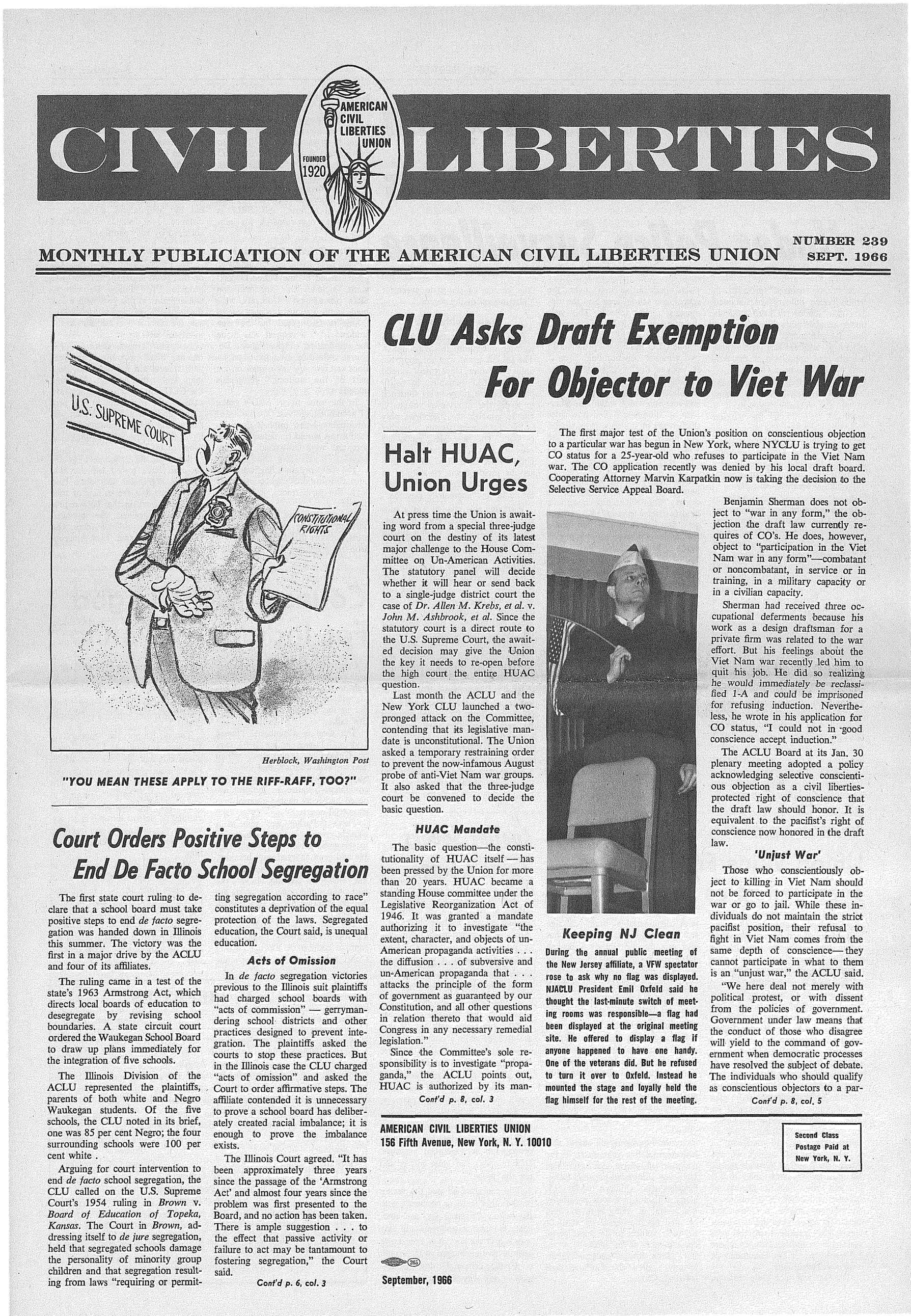 Scan of original Civil Liberties newsletter featuring the headline "CLU Asks Draft Exemption For Objector to Viet War"
