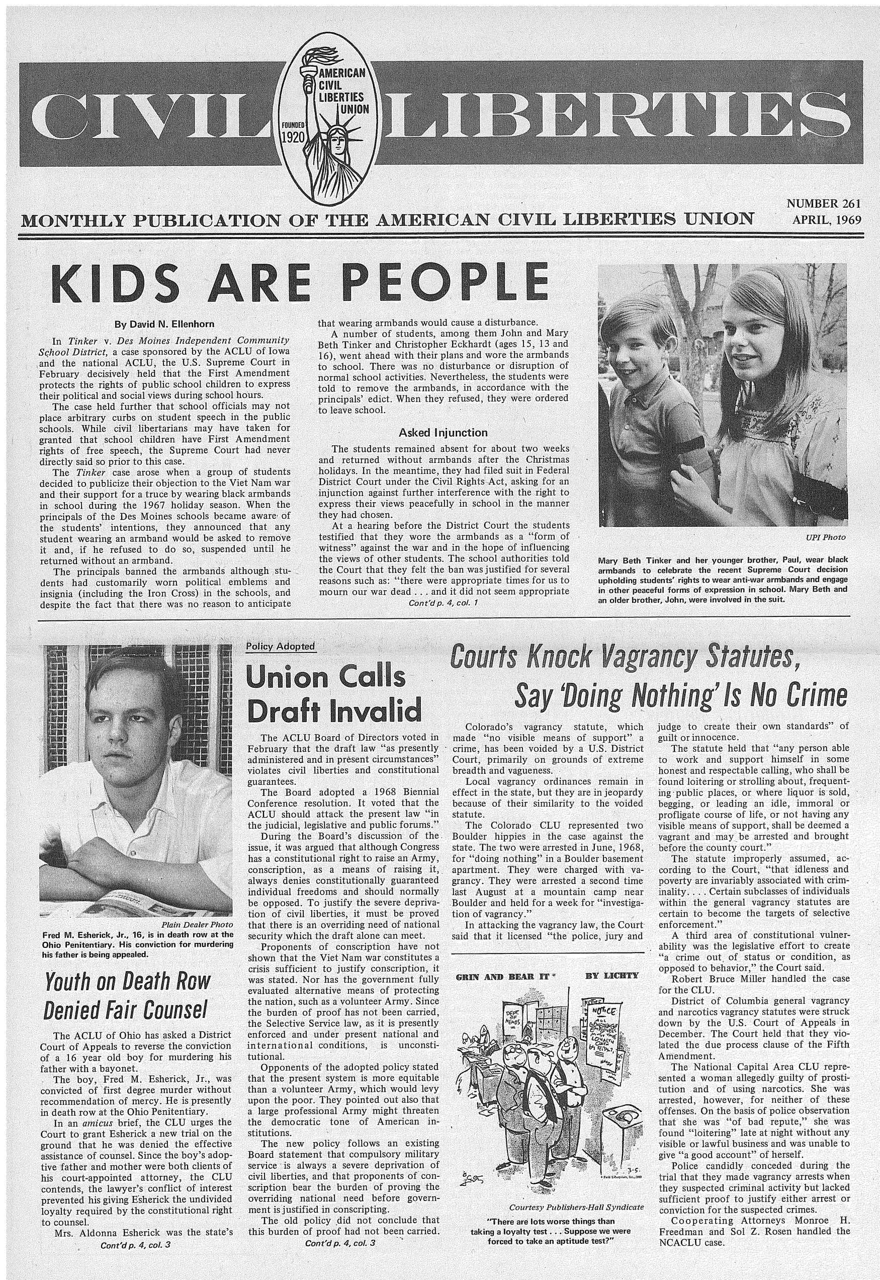 Scan of original Civil Liberties Newsletter featuring a photo of ACLU client Mary Beth Tinker and the headline "Kids are People"