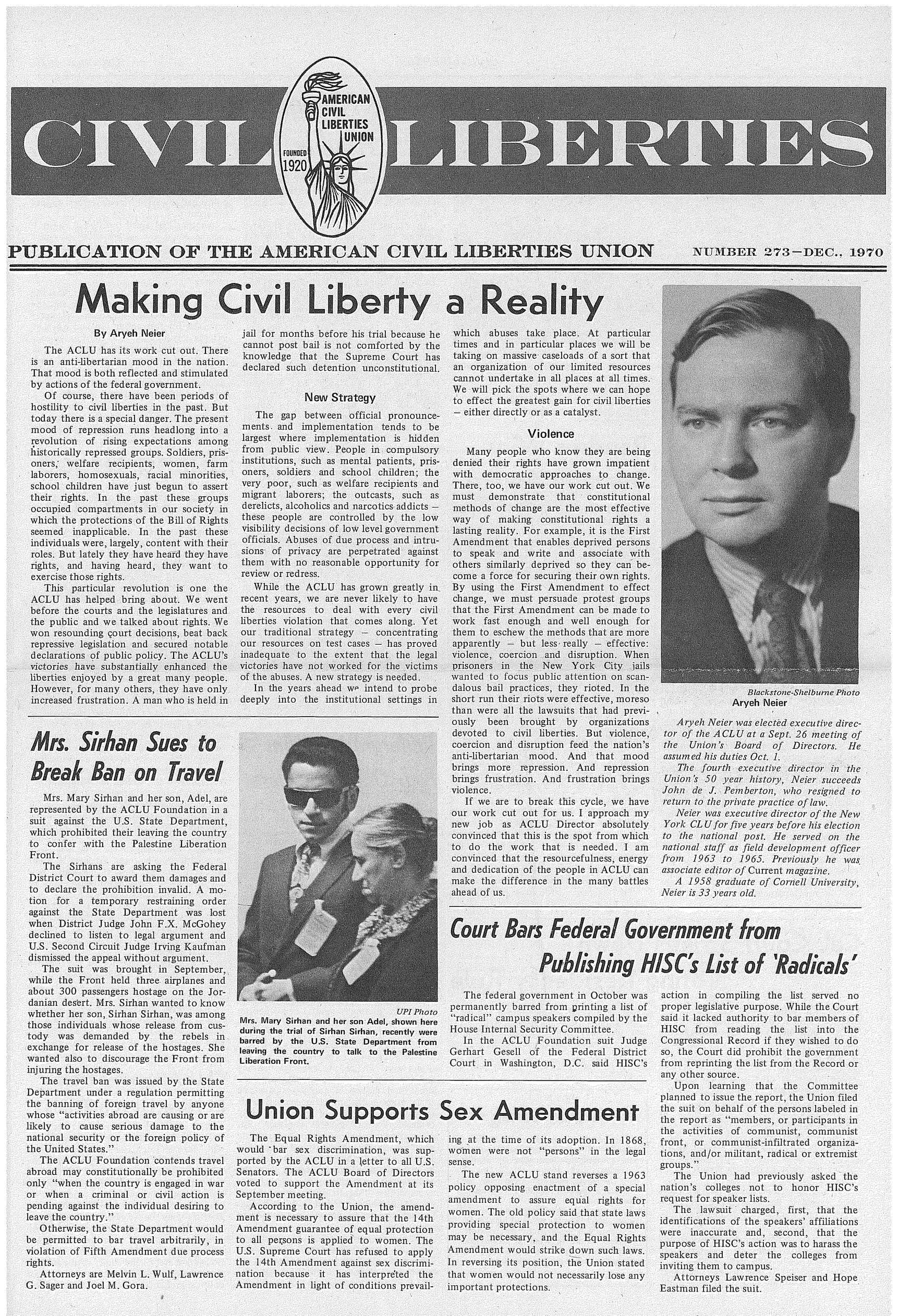 Scan of original Civil Liberties newsletter featuring a photo of Aryeh Neier