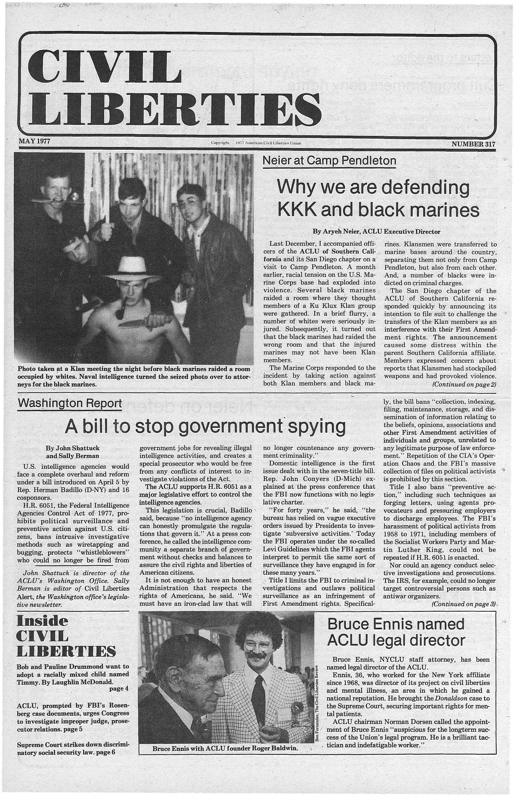 Scan of original Civil Liberties Newsletter featuring headline "Why We're Defending KKK and Black Marines"
