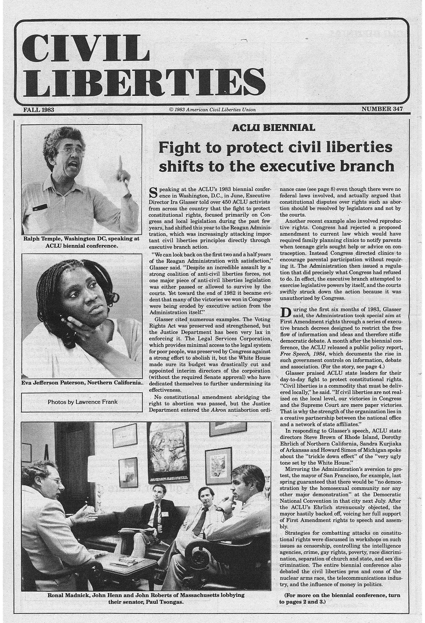 Scan of original Civil Liberties Newsletter featuring photos of ACLU staff at the ACLU Biennial