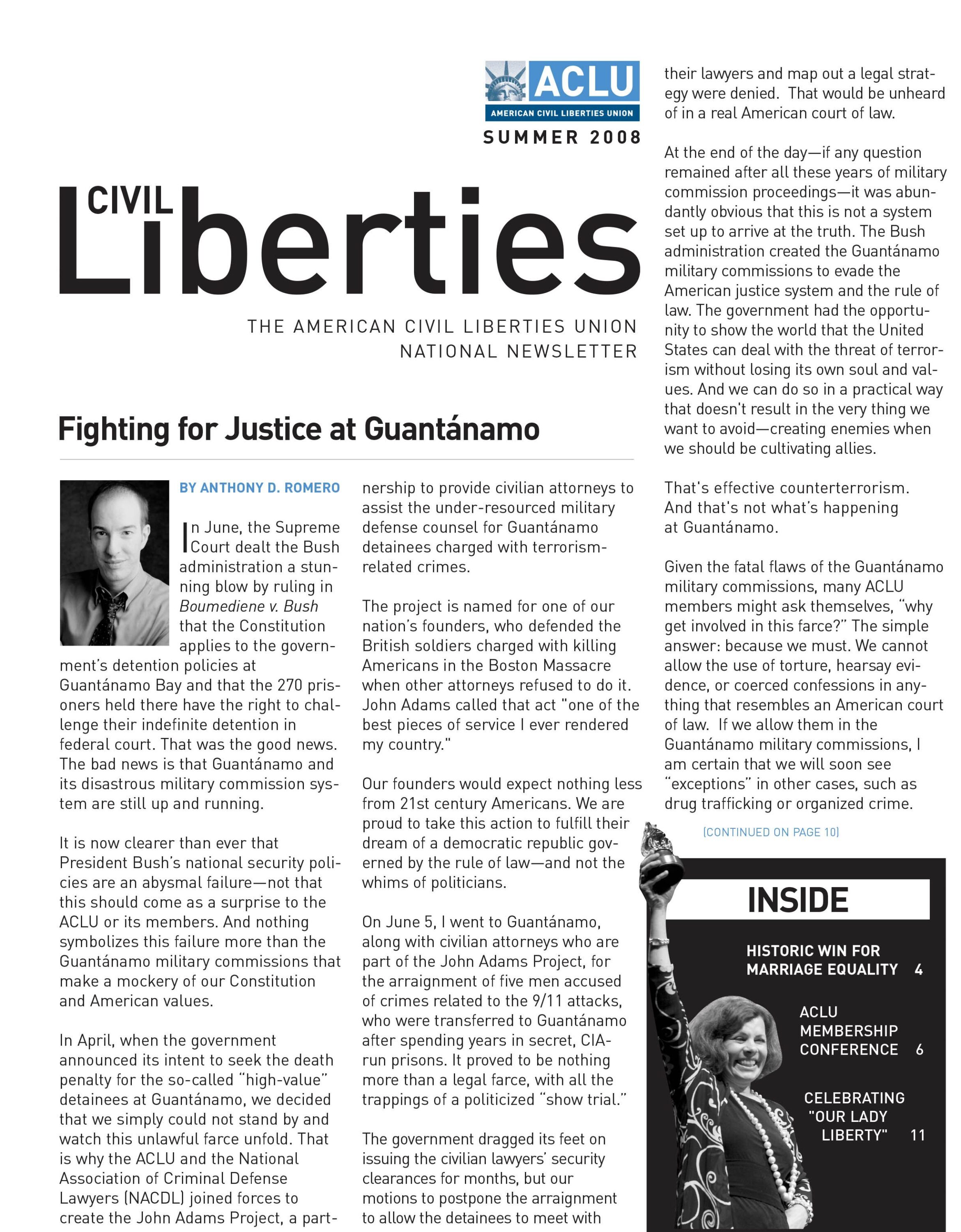 Photo of ACLU Civil Liberties newsletter: "Fighting for Justice at Guantánamo"