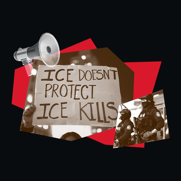 Protest imagery with sign that reads: ICE doesn't protect, ICE kills.