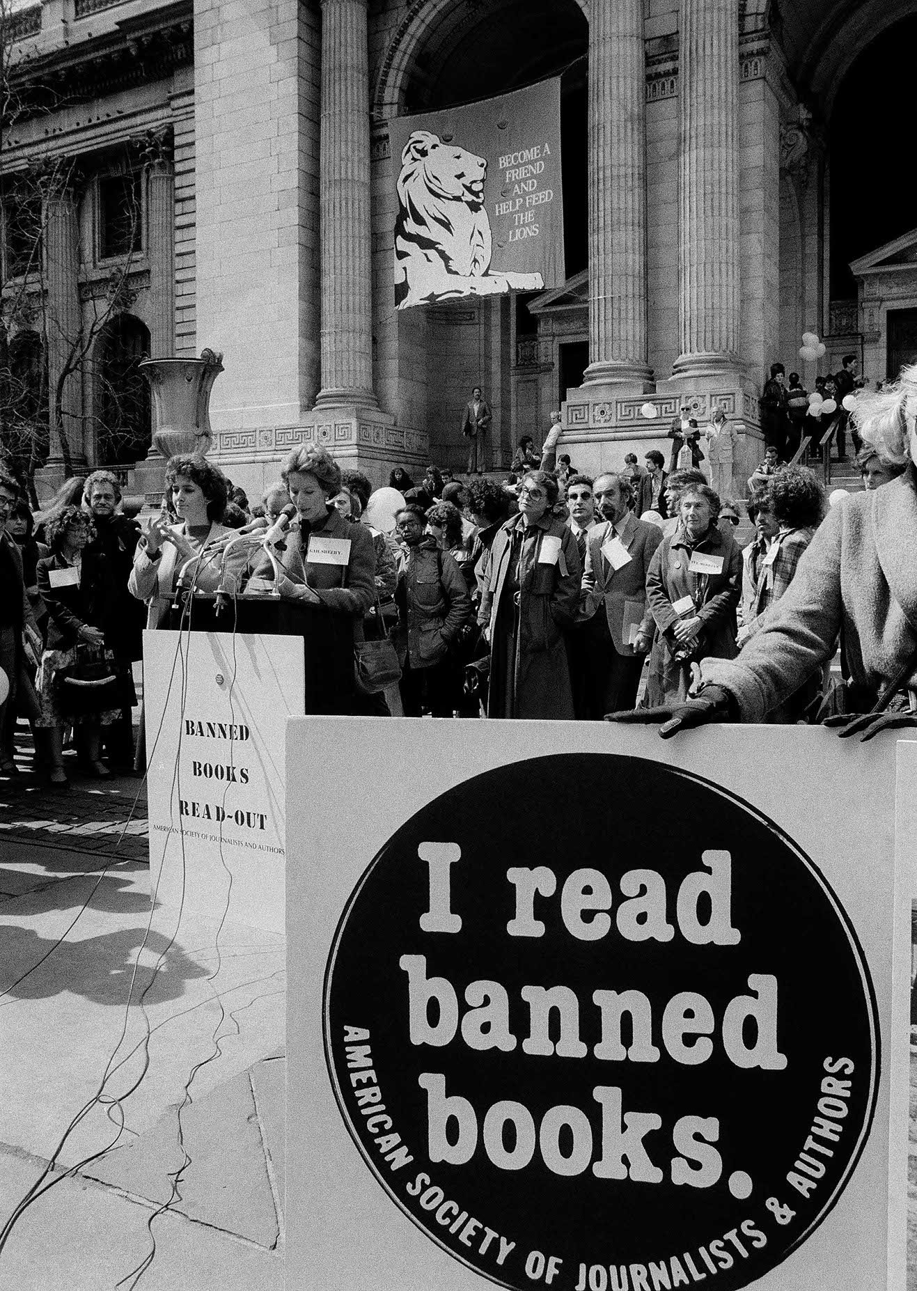 Demonstrators gather for the first "Banned Books Read Out" in New York