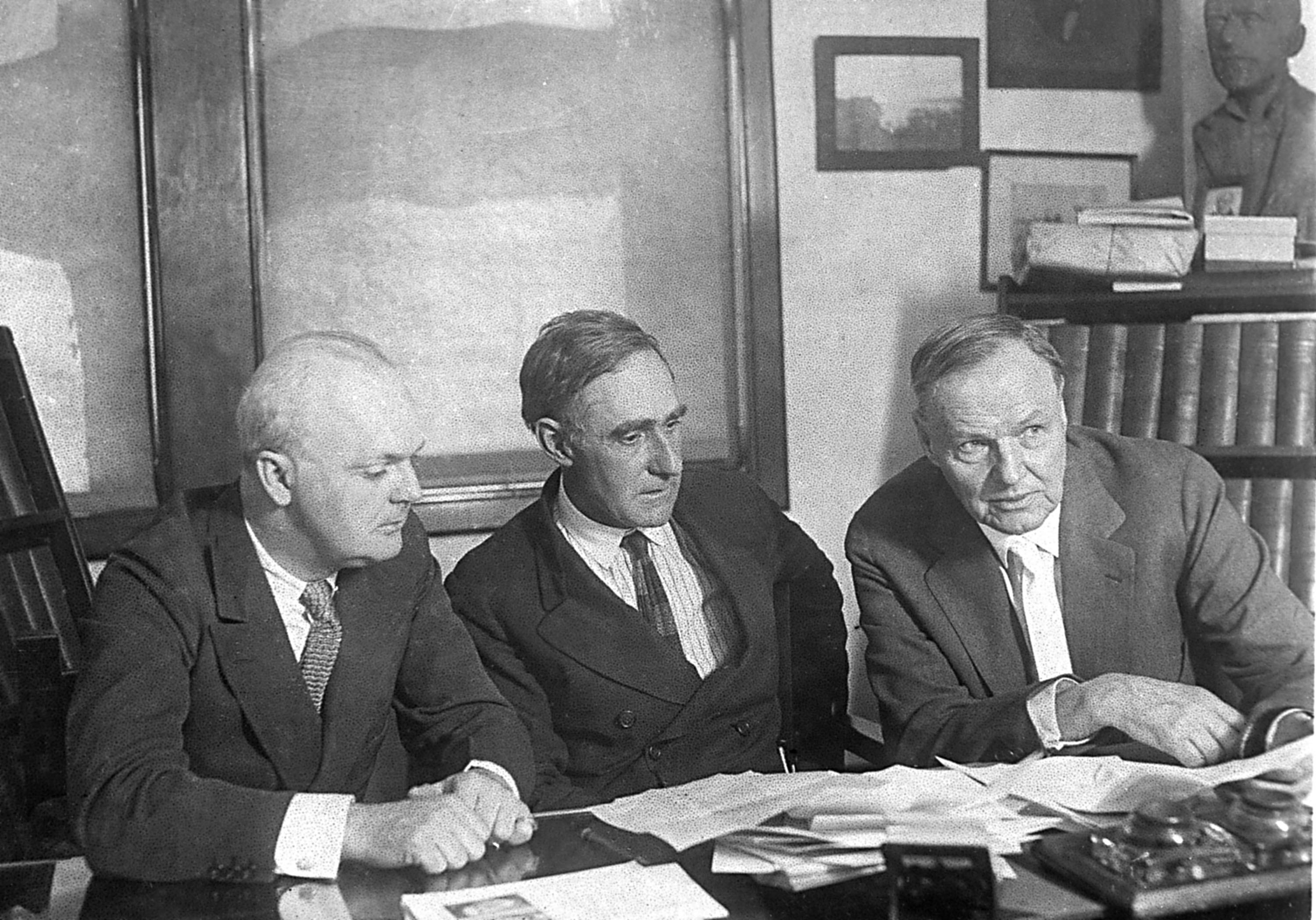 Black and white photo of Dudley Field Malone, Dr. John K. Neal, and Clarence Darrow