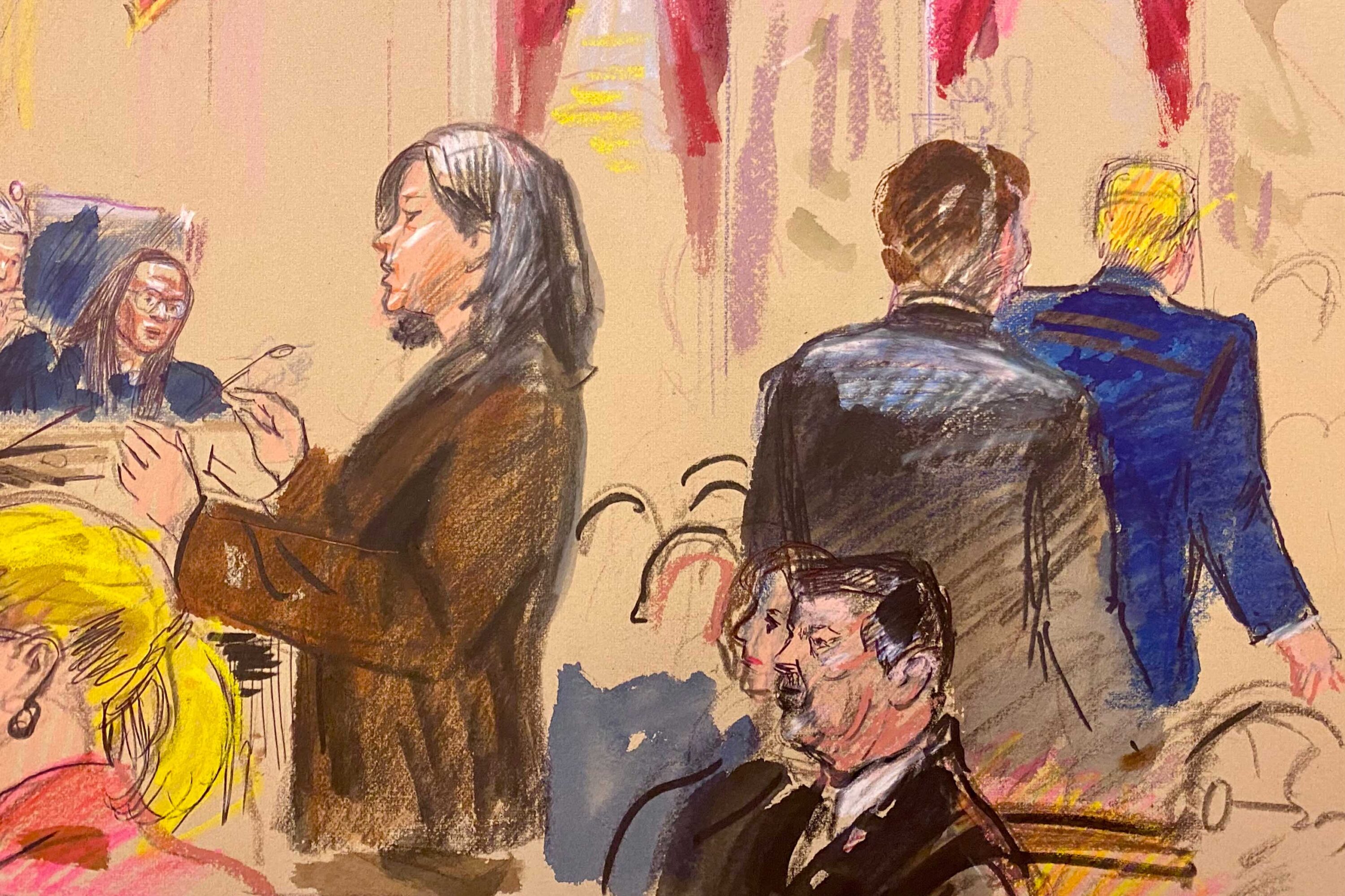 Courtroom sketch depicts Cecillia Wang making arguments before the Supreme Court as President Donald Trump exits