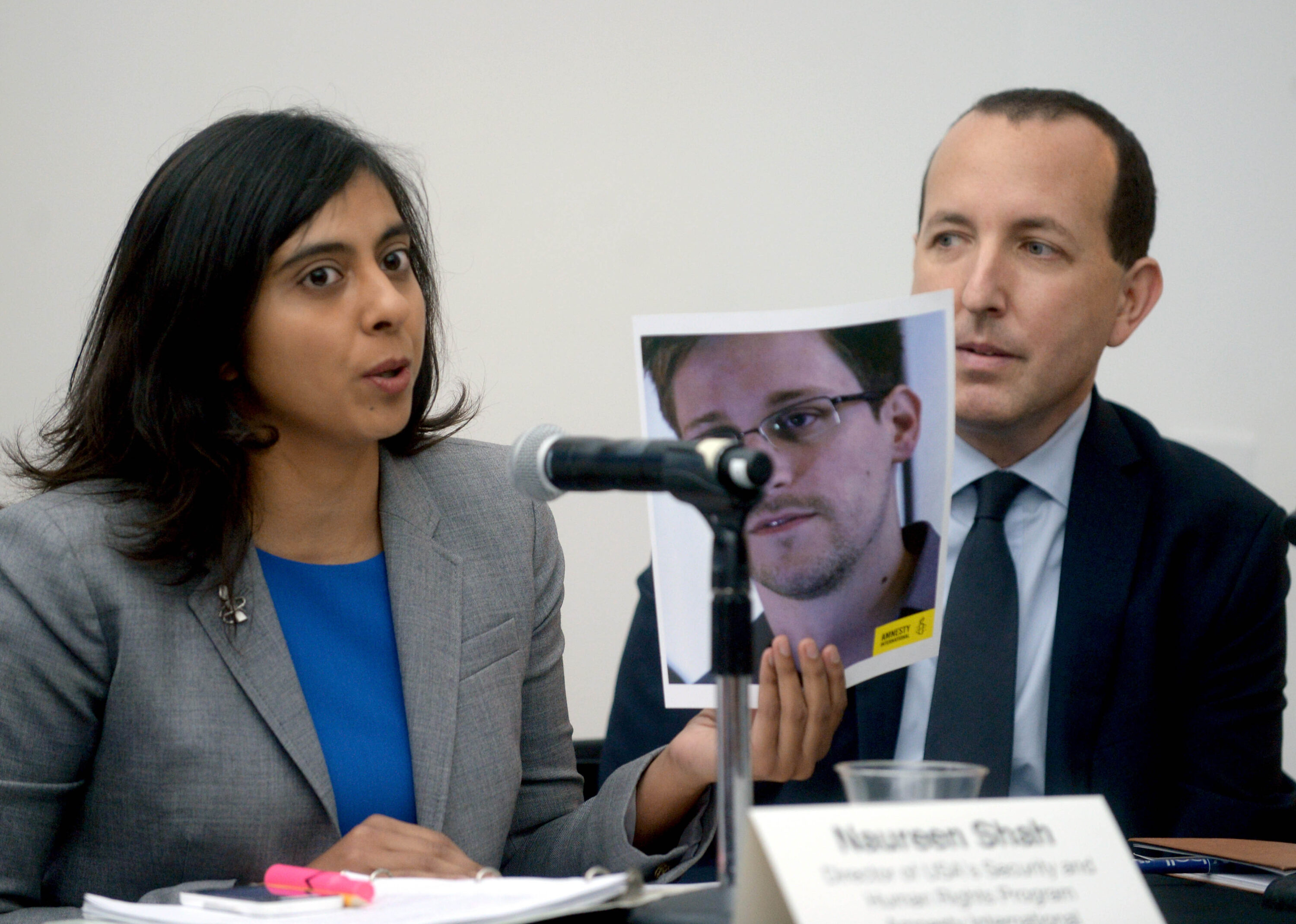 Naureen Shah and Ben Wizner speak at a press conference