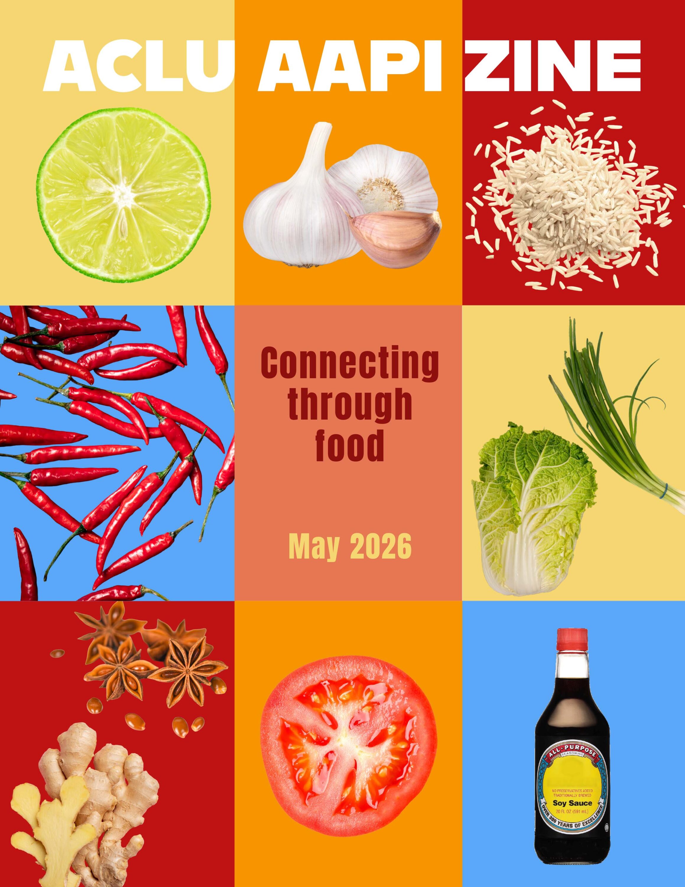 ACLU's Asian American and Pacifican Islander Employee Resource Group original zine featuring photos of vegetables, spices, and sauces