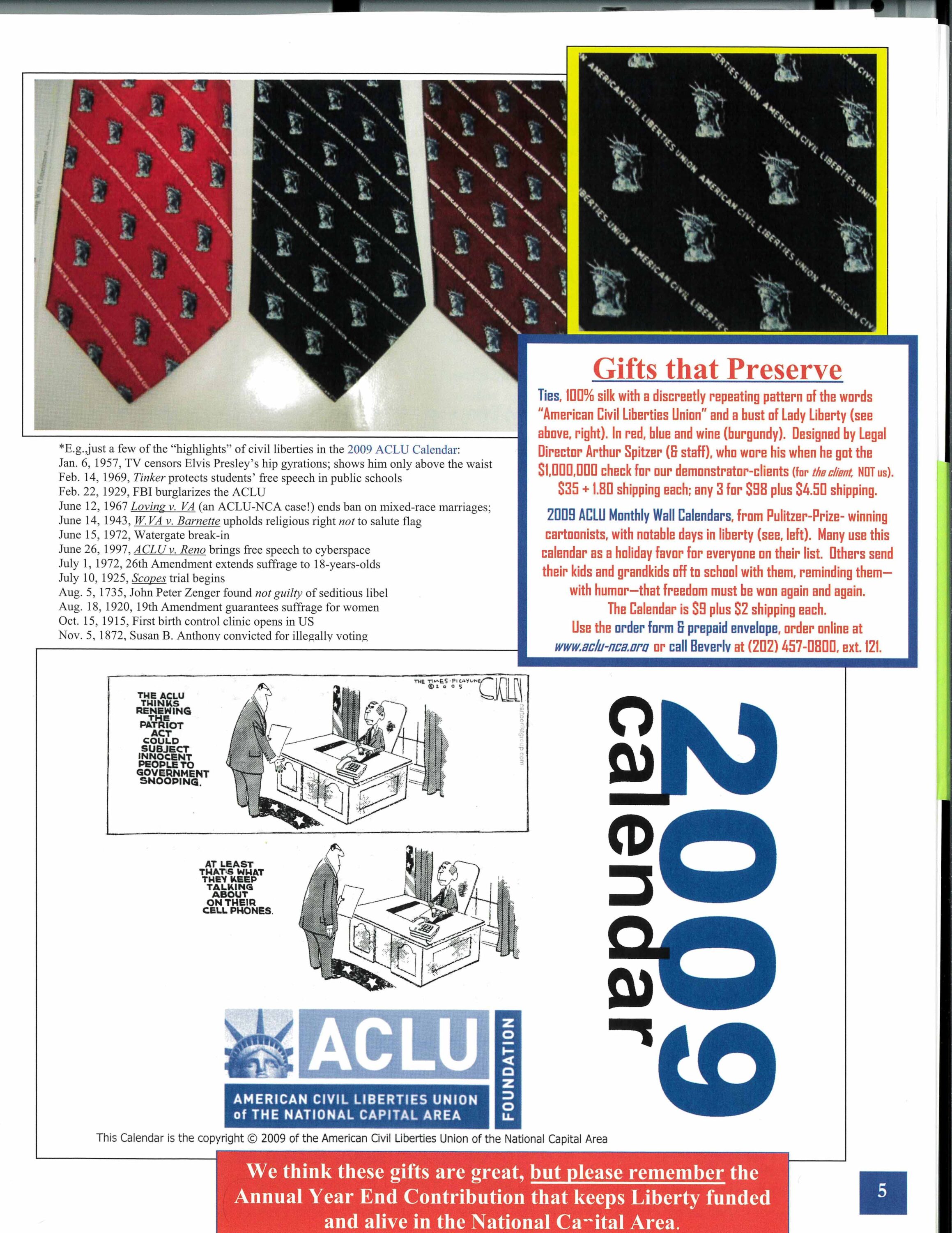Advertisement for neckties and calendars sold by ACLU of DC