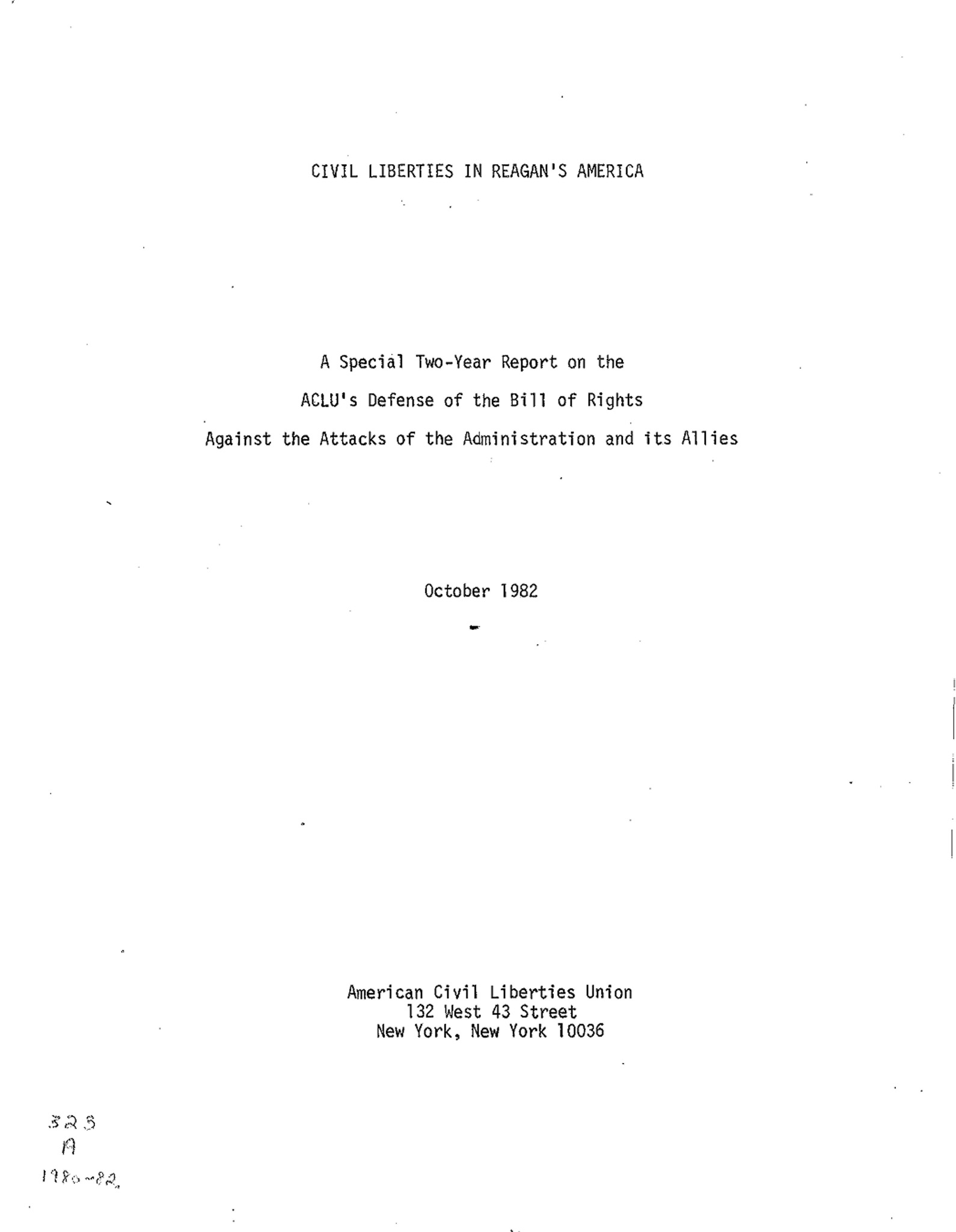 Scan of original printed report: "A Special Two-Year Report on the ACLU's Defense of the Bill of Rights Against the Attacks of the Administration and its Allies"