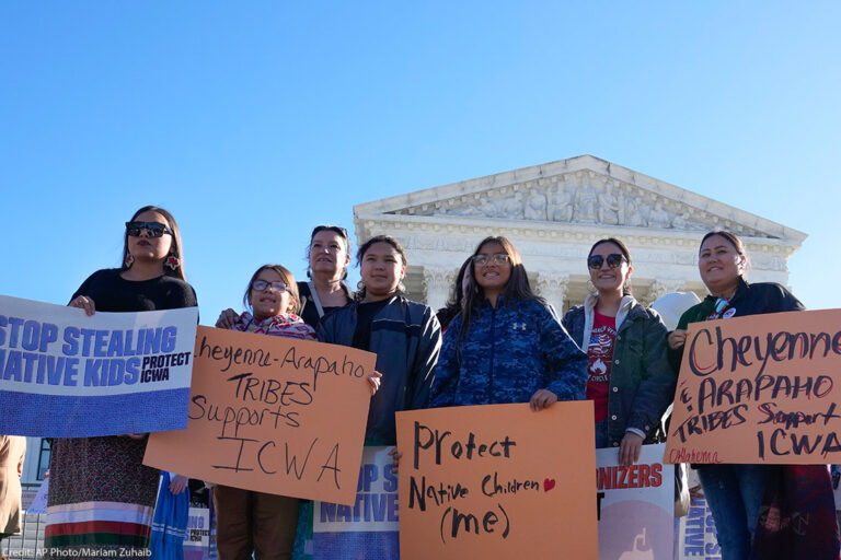 Demonstrators rally for Indigenous rights outside of the Supreme Court
