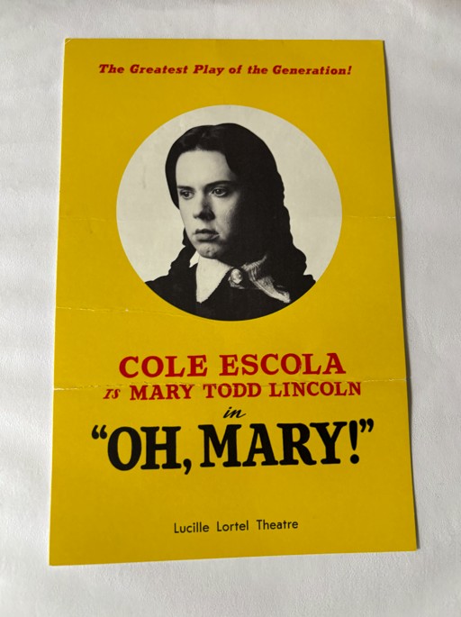 Photo of a playbill for Broadway's "Oh, Mary" featuring a photo of Cole Escola