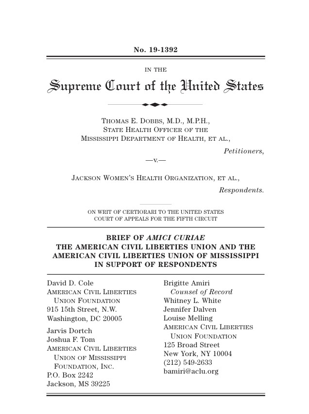 ACLU's amicus brief in Dobbs v Jackson Women's Health Organization