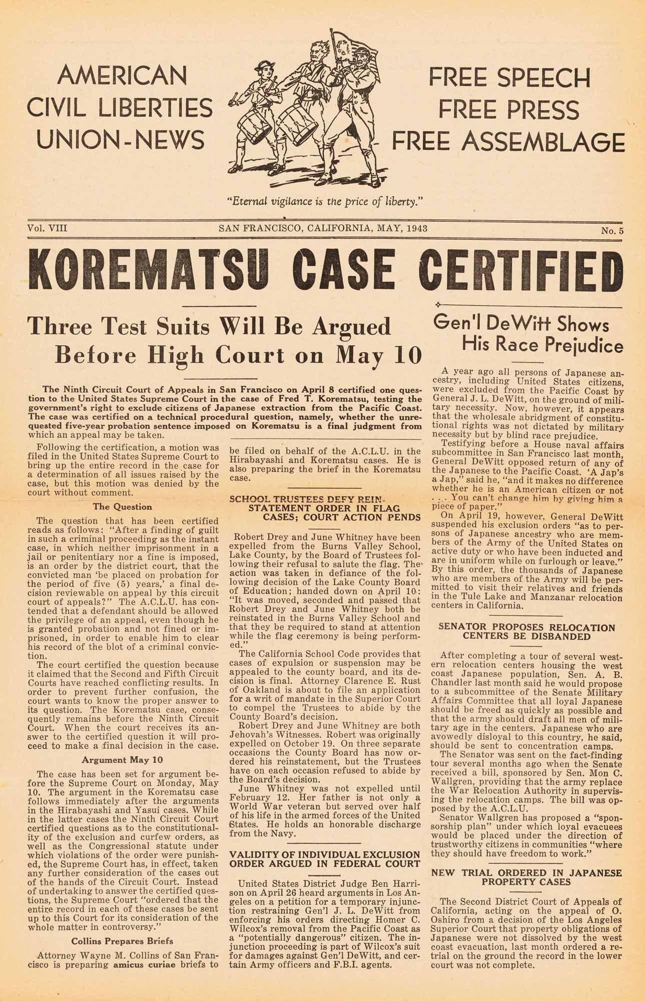 Scan of original ACLU of Northern California's newsletter featuring headline "Korematsu Case Certified"