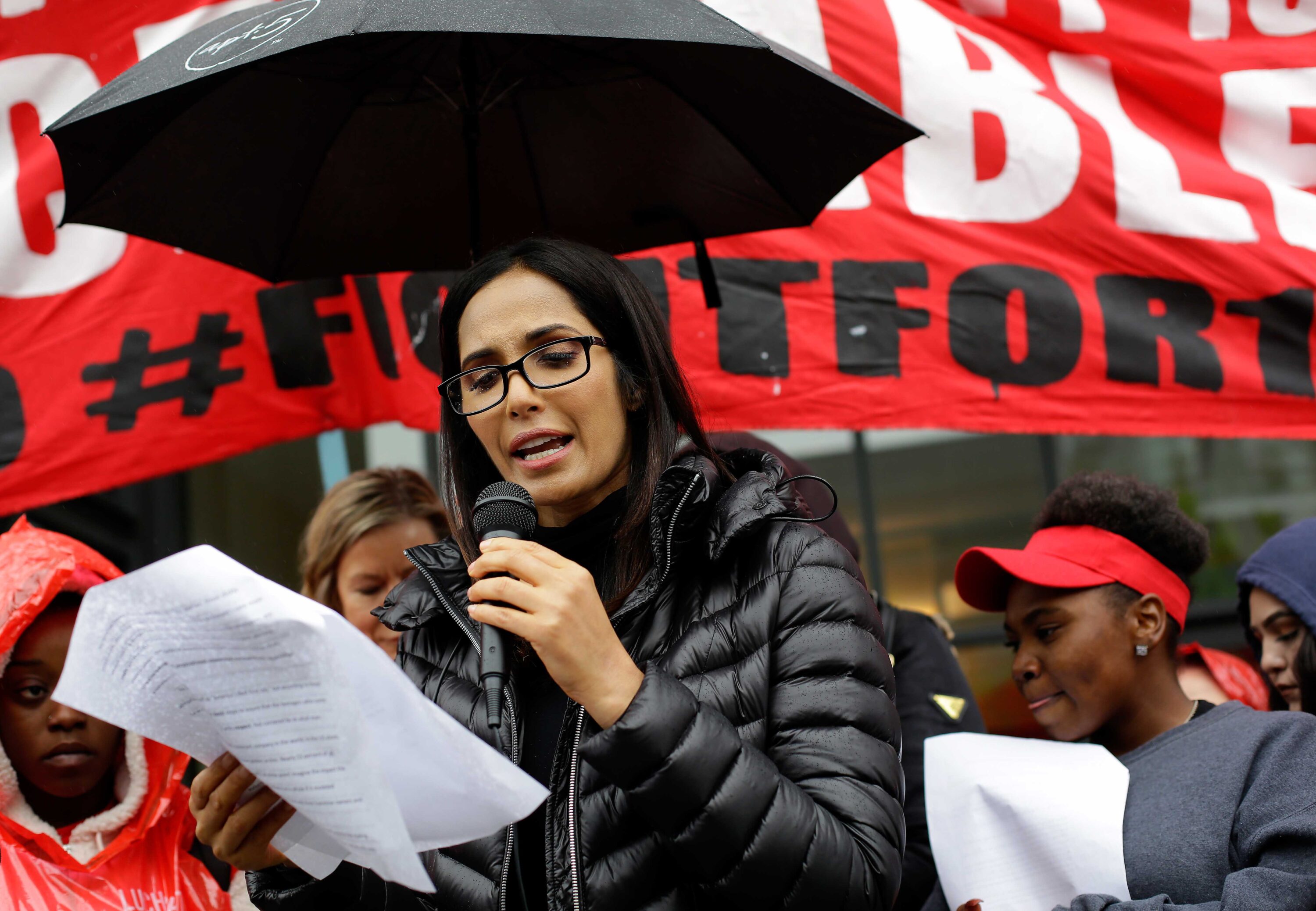 Padma Lakshmi speaks at a rally