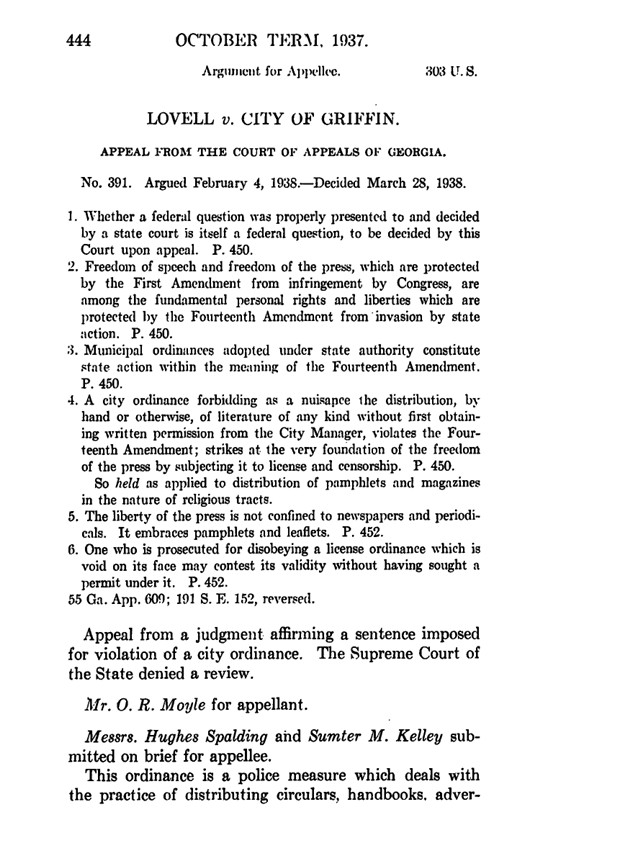 Scan of Lovell v Griffin ruling