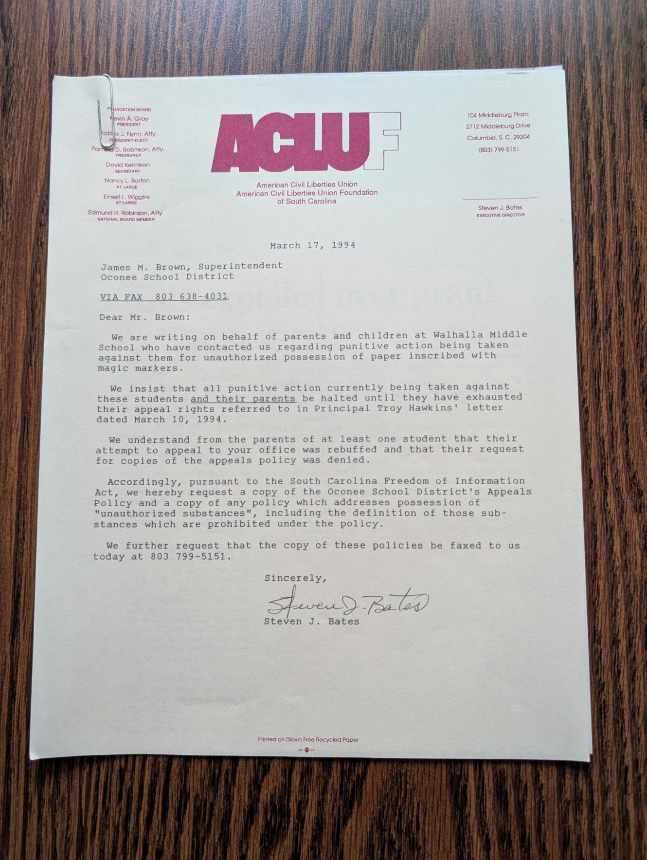 Photo of letter from Steven J. Bates to Oconee County School District