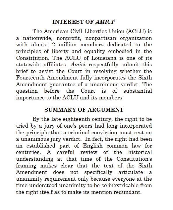 ACLU's amicus brief in Ramos v Louisiana