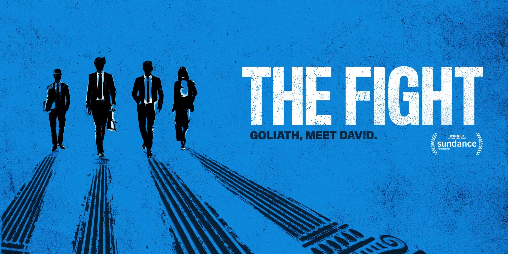 Poster for documentary "The Fight" features illustrated sillhouettes of ACLU lawyers and the text "Goliath, Meet David."