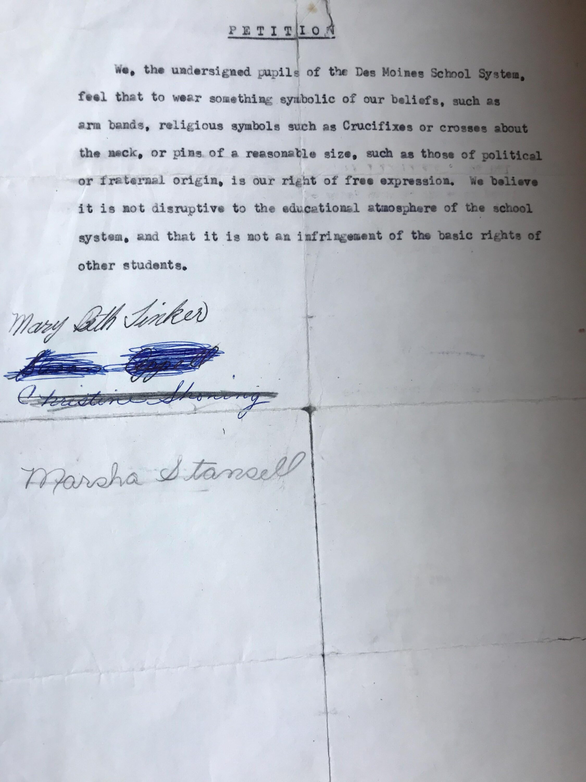 Petition that Mary Beth Tinker circulated the day she was suspended