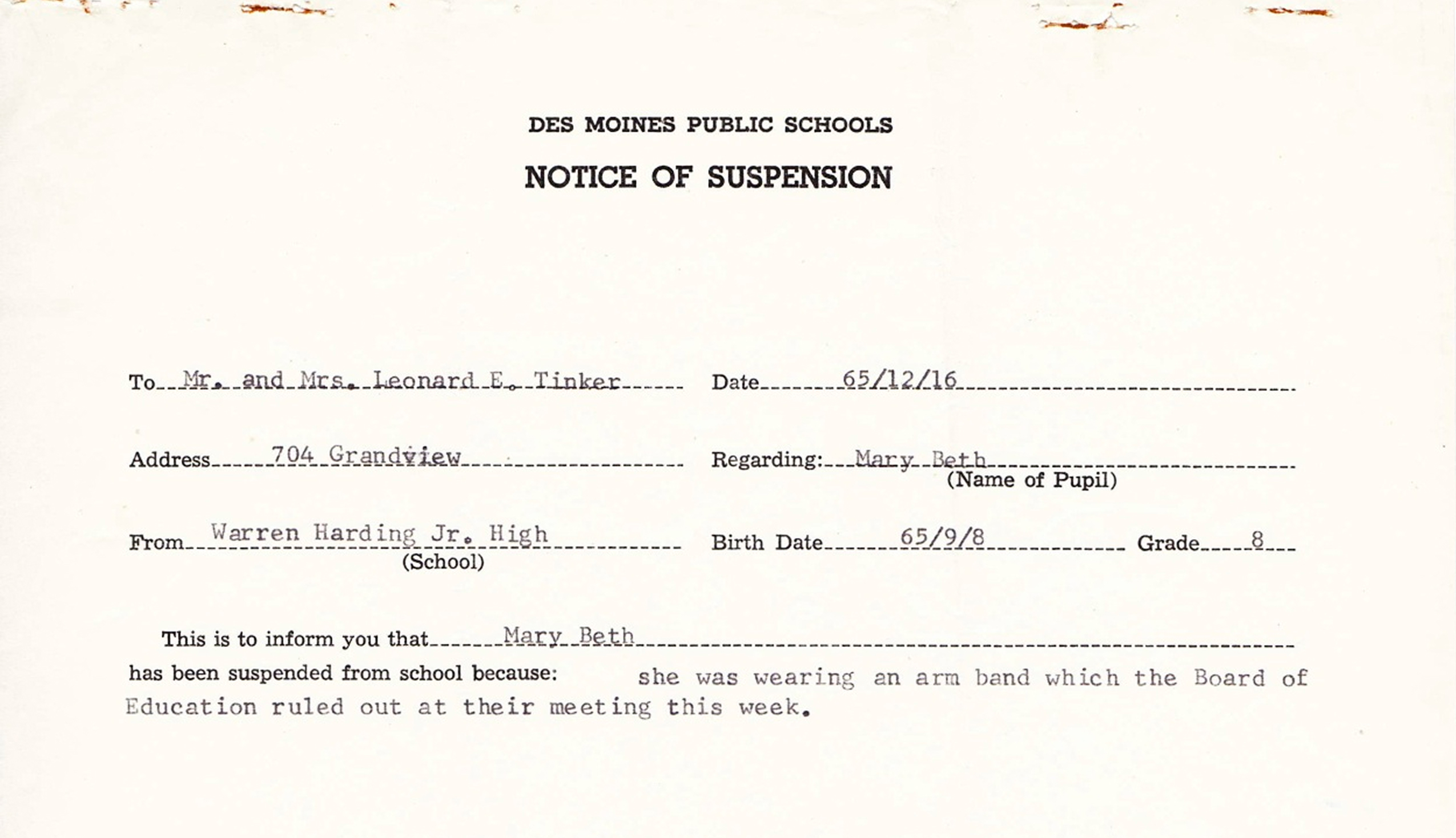 Suspension notice given to Mary Beth Tinker