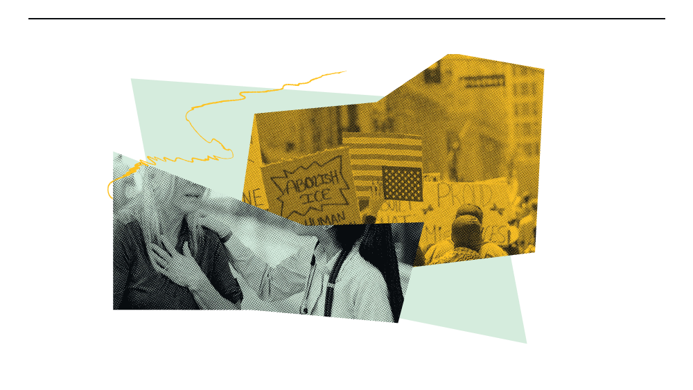 A graphic of images pertaining to ICE's abuses against people exercising their first amendment rights.