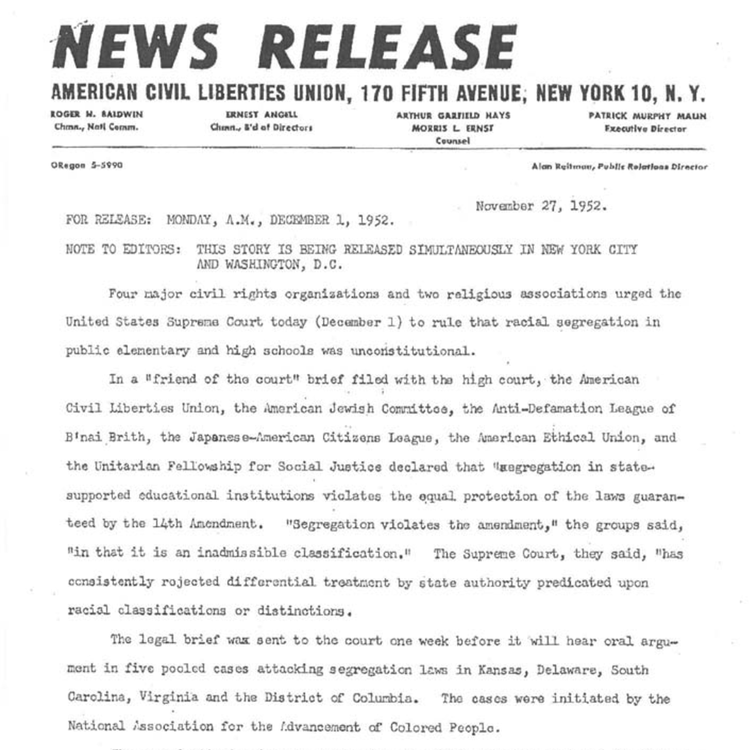 Scan of ACLU Press Release announcing the filing of an Amicus Brief in Brown v. Board of Education