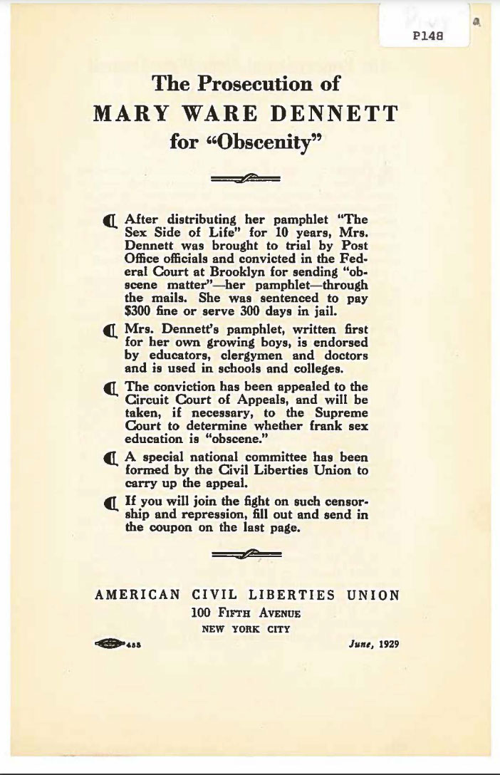 Scan of the original printed pamphlet "The Prosecution of Mary Ware Dennett for 'Obscenity'"