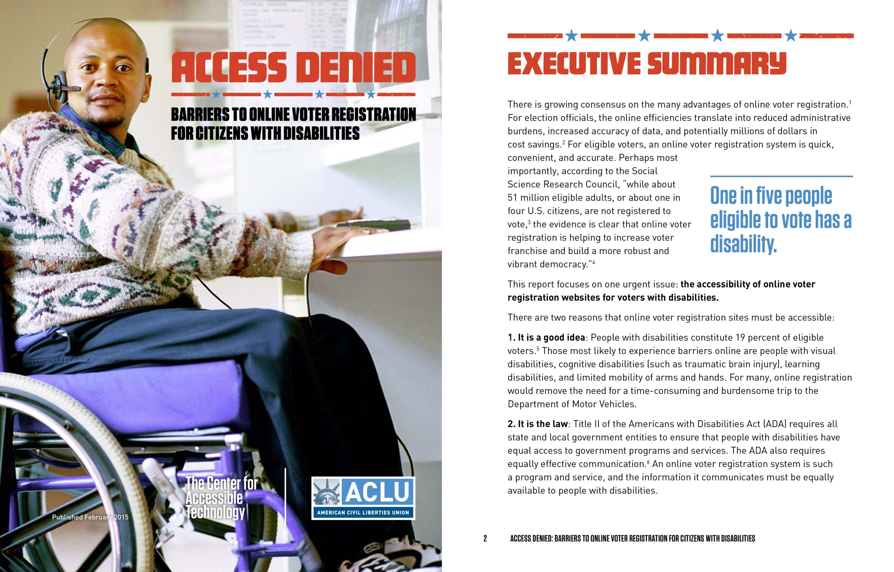 ACLU Report: "ACCESS DENIED: Barriers to Online Voter Regitration for Citizens with Disabilities" featuring a photo of a man using a wheelchair seated at a desktop computer