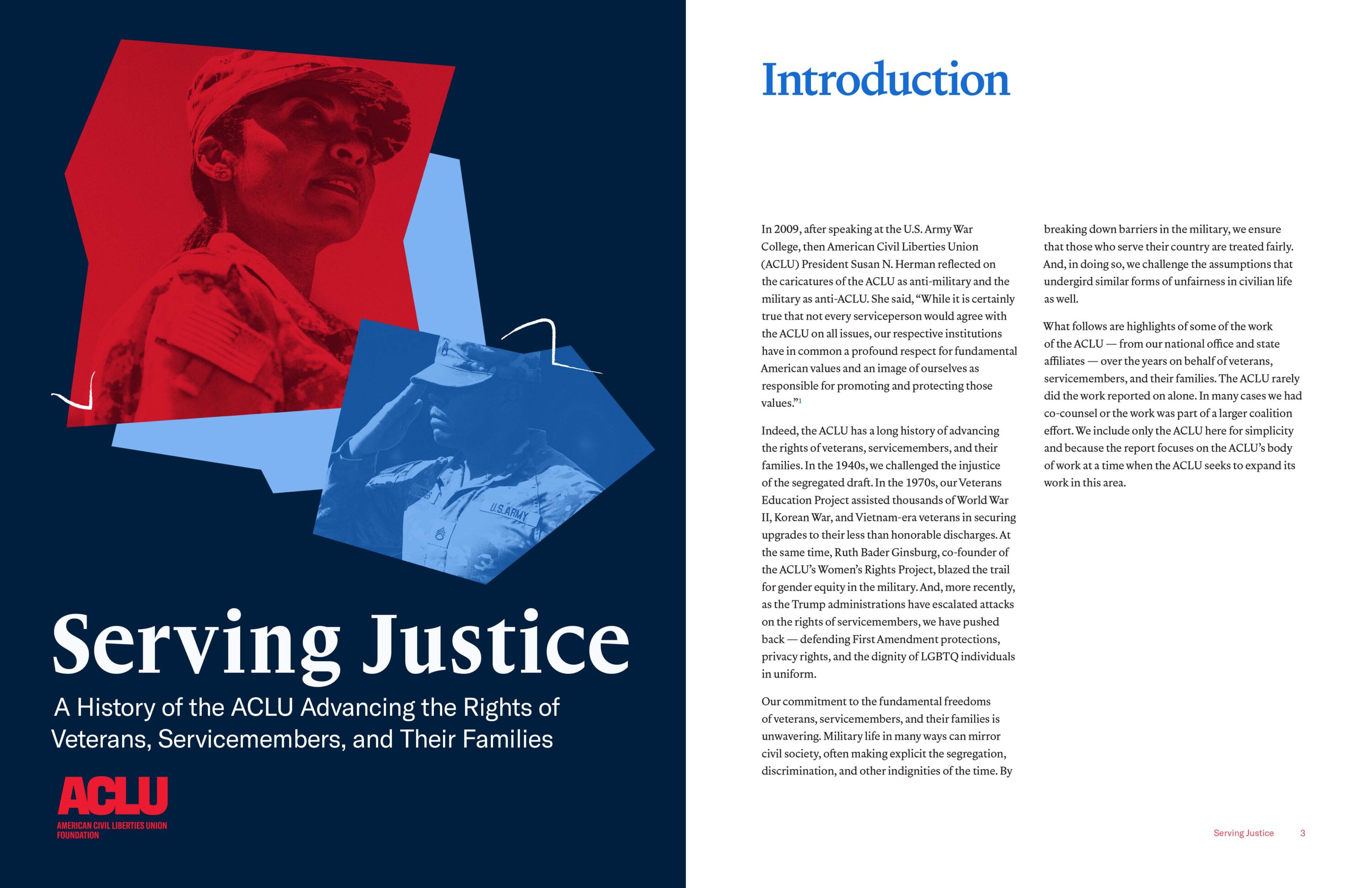 ACLU Report, "Serving Justice: A History of the ACLU Advancing the Rights of Veterans, Servicemembers, and Their Families," features a photo of a female veteran