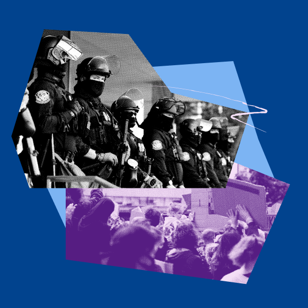 Federal agents and protest images.