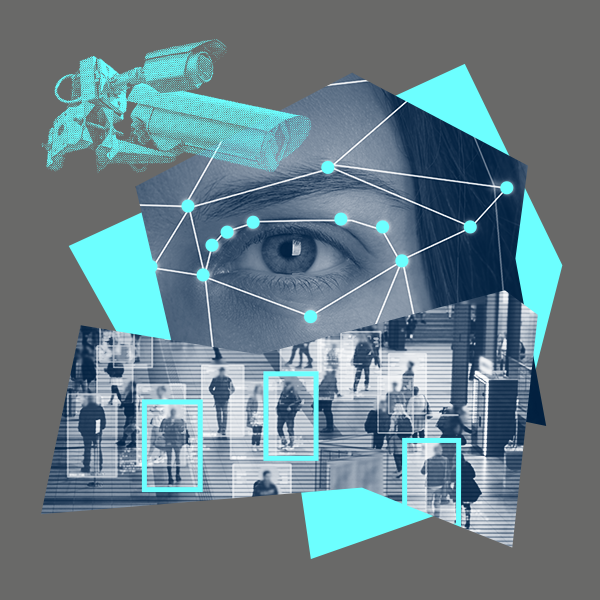 Images showing mass surveillance and facial recognition.