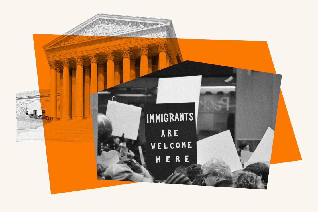 A collage of images and a protest sign that says Immigrants Are Welcome Here