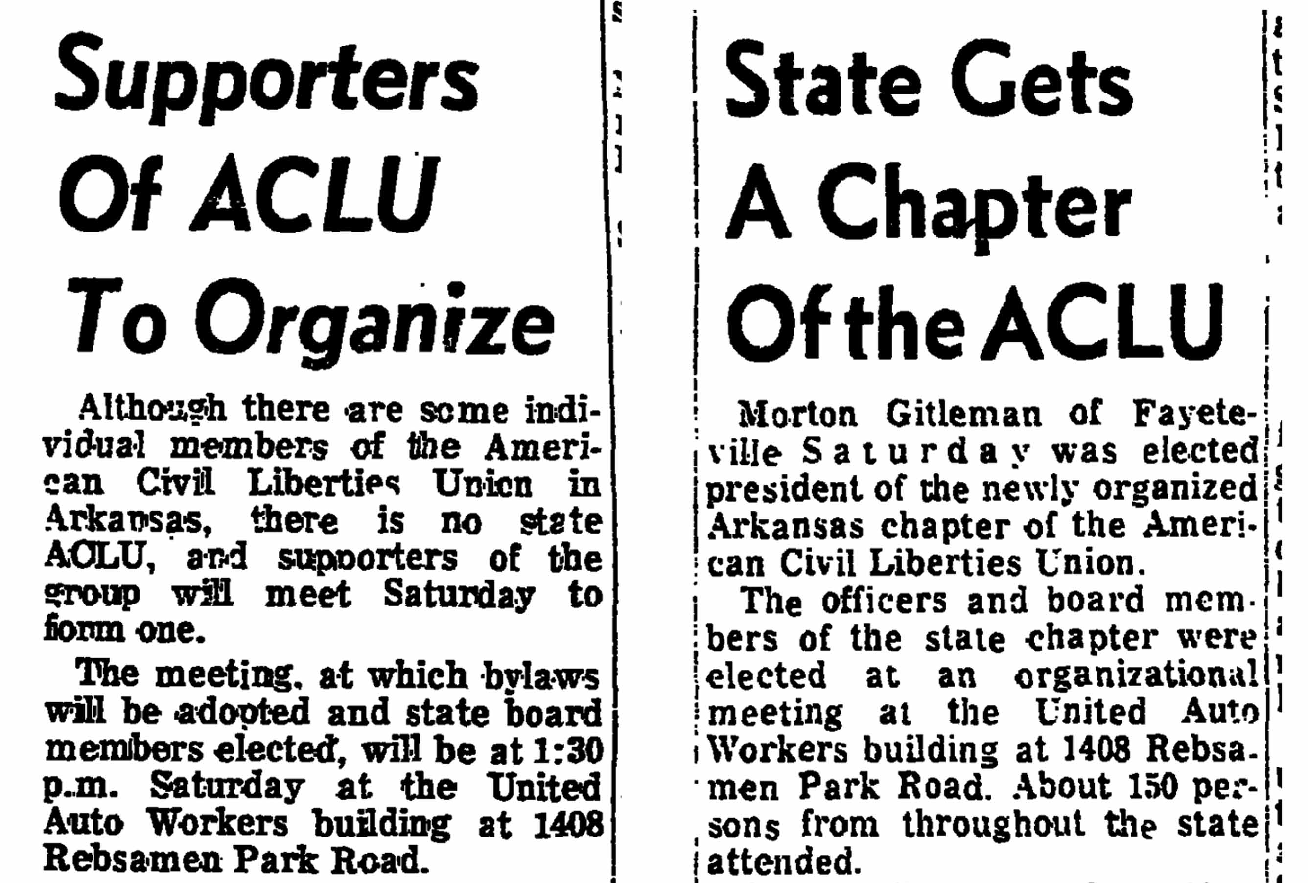 Collage of newspaper clippings detailing the founding of ACLU of Arkansas