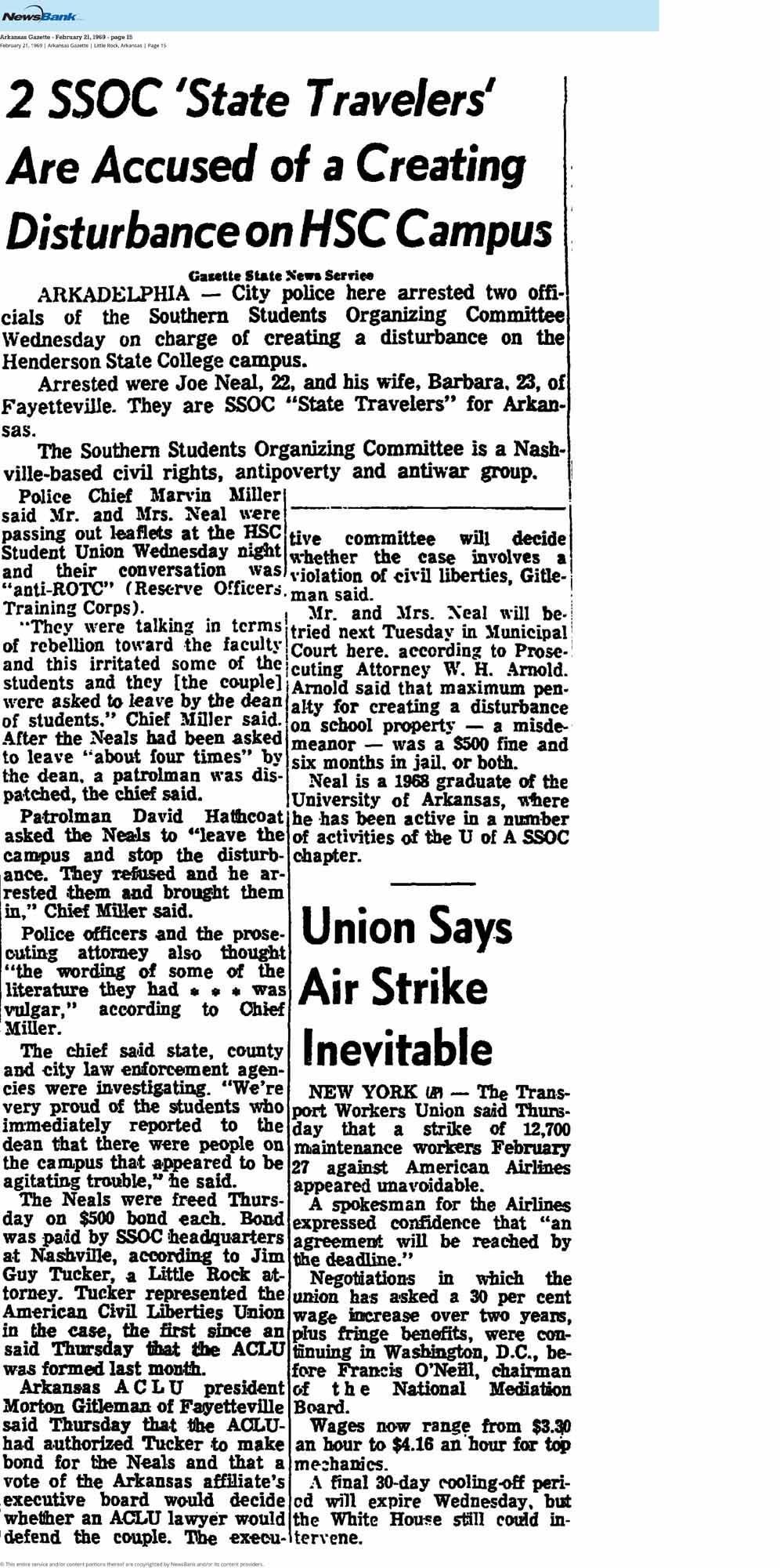 Newspaper clipping detailing ACLU of Arkansas' first case
