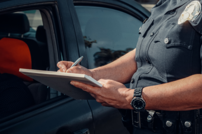 A police officer writing a report next to a car.