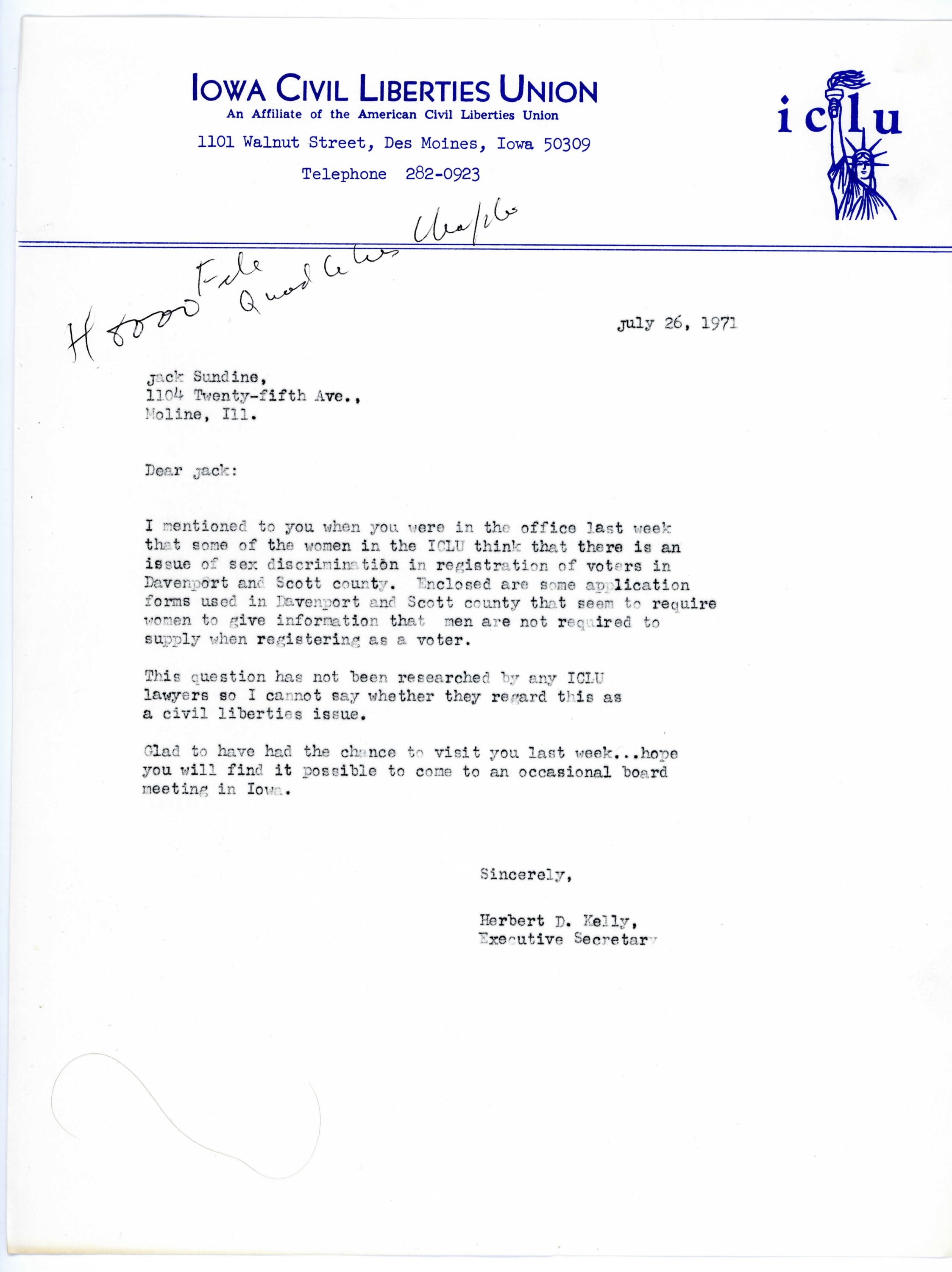 Iowa Civil Liberties Union Memo of Women's Rights