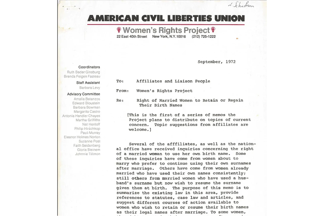 Scanned September 1972 memo from the ACLU Women's Rights Project, addressed to affiliates and liaison people, titled "Right of Married Women to Retain or Regain Their Birth Names." The document includes the ACLU letterhead, names of project coordinators and advisory committee members, and text discussing married women's legal rights to continue using or resume their birth names after marriage.
