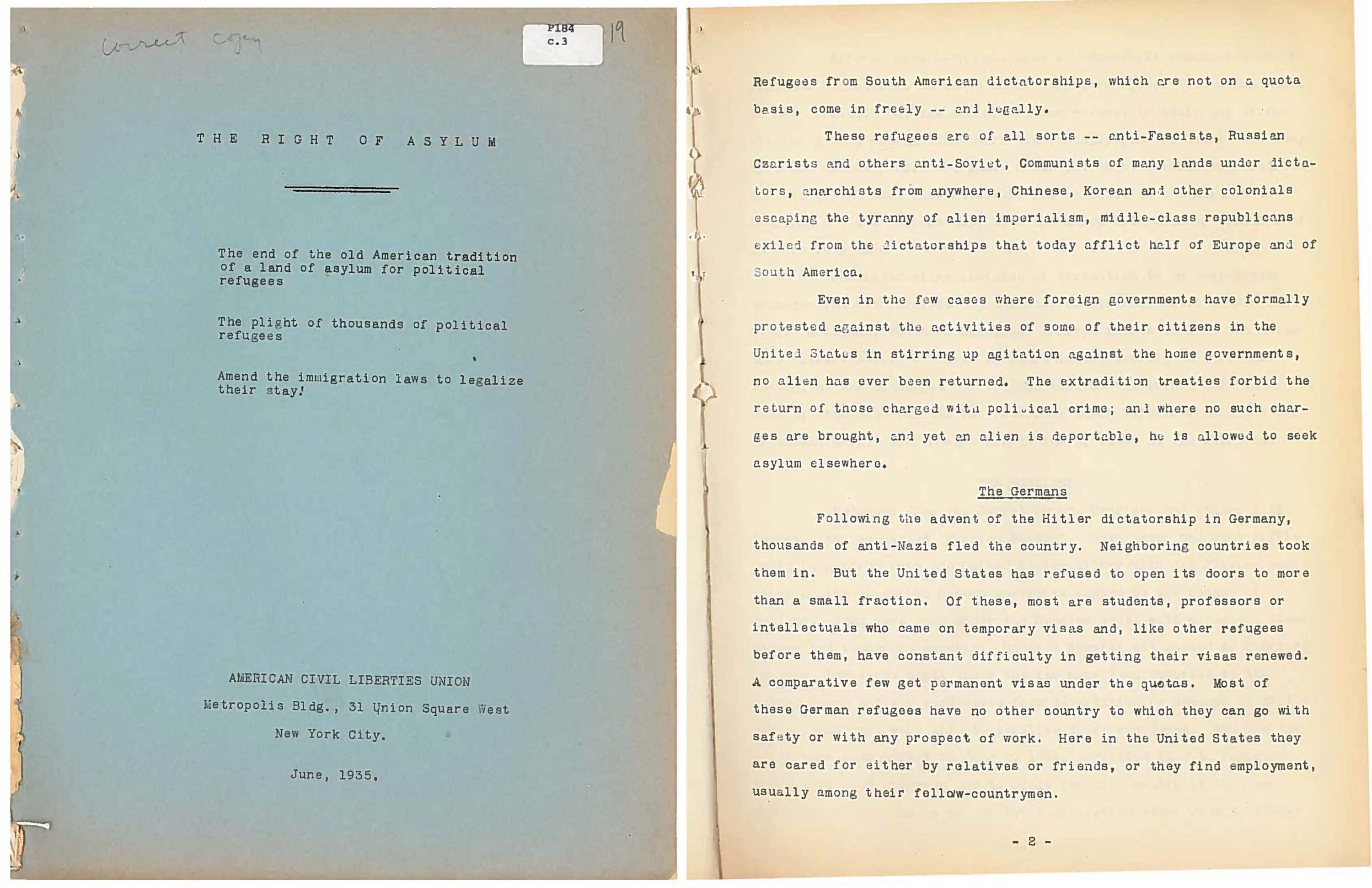 Scan of the original printed report: "The Right of Asylum"