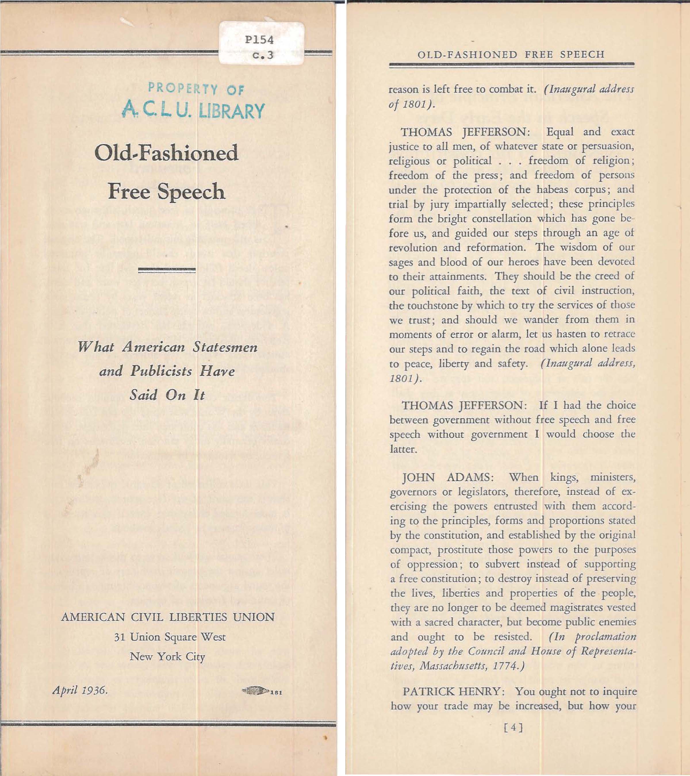 Scan of the original printed report: "Old-Fashioned Free Speech: What American Statesmen and Publicists Have Said on It"